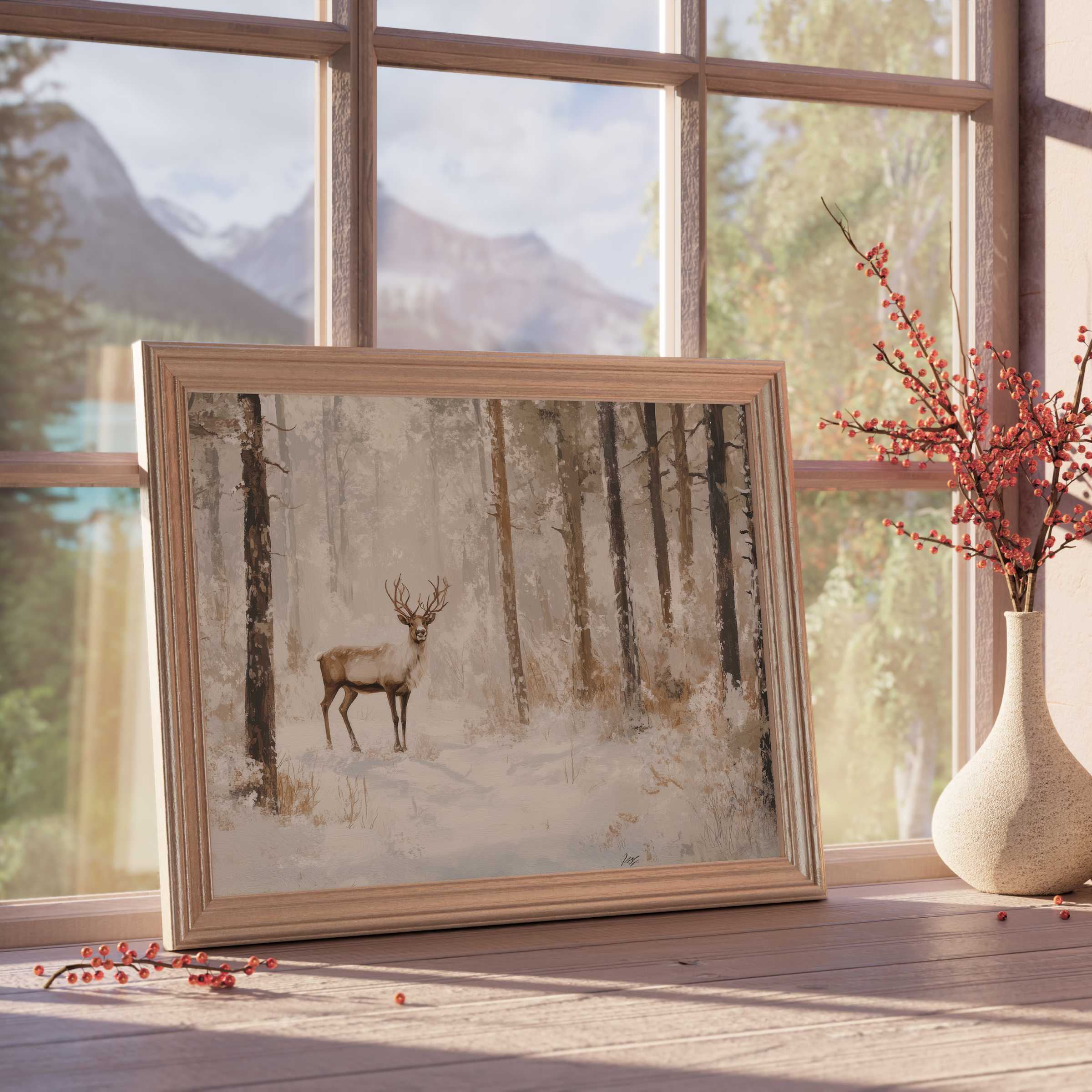 Elegant Christmas downloadable art featuring a serene stag in a snowy forest, perfect for calming, curated interiors