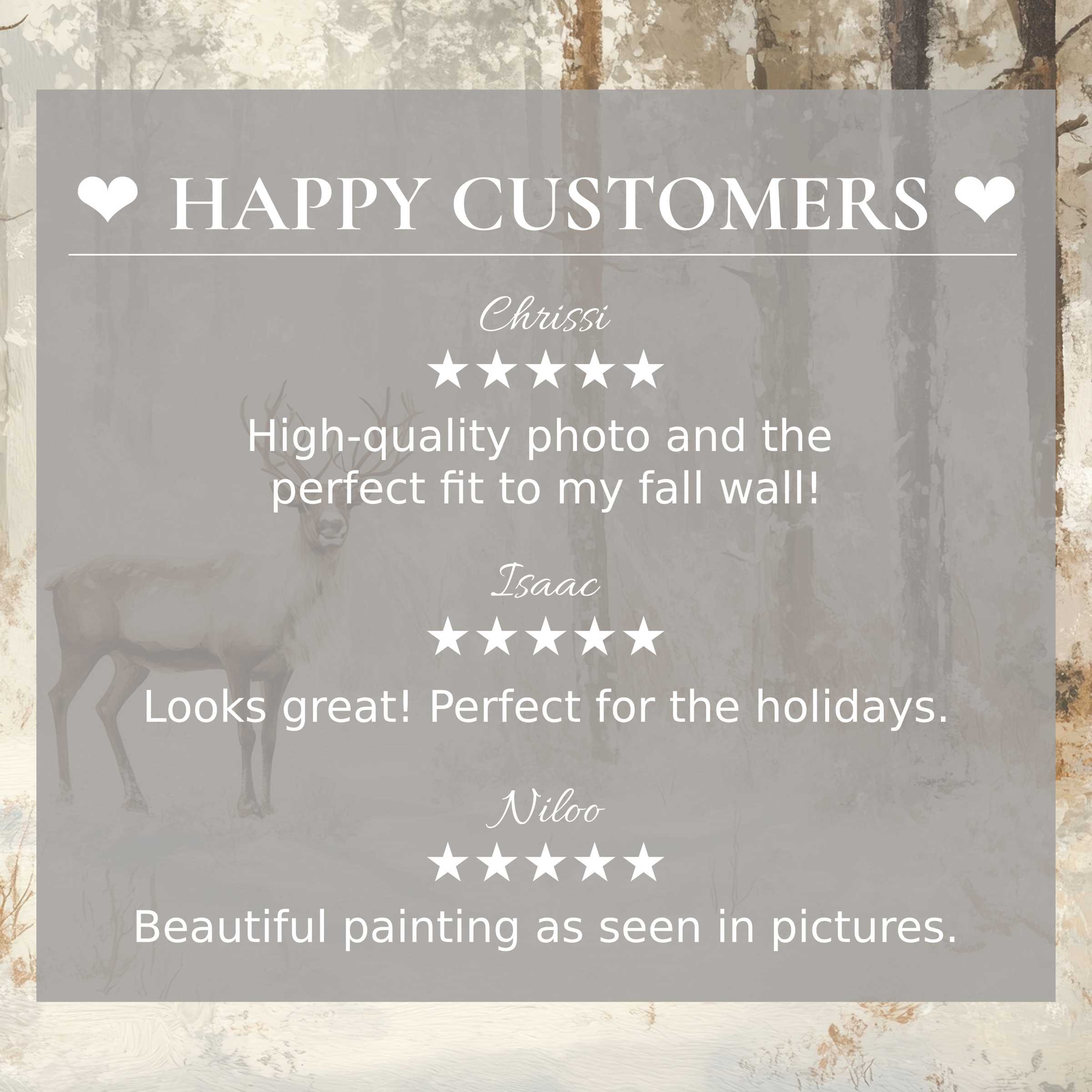 christmas art for Frame TV with serene forest and deer background, showcasing happy customer reviews and refined style