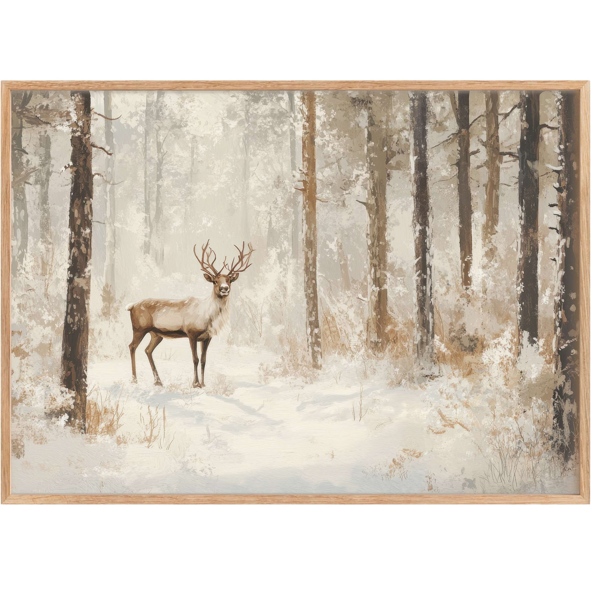Elegant Christmas printable wall art featuring a serene stag in a soft, snowy forest with muted browns and creams, evoking calm and timeless warmth