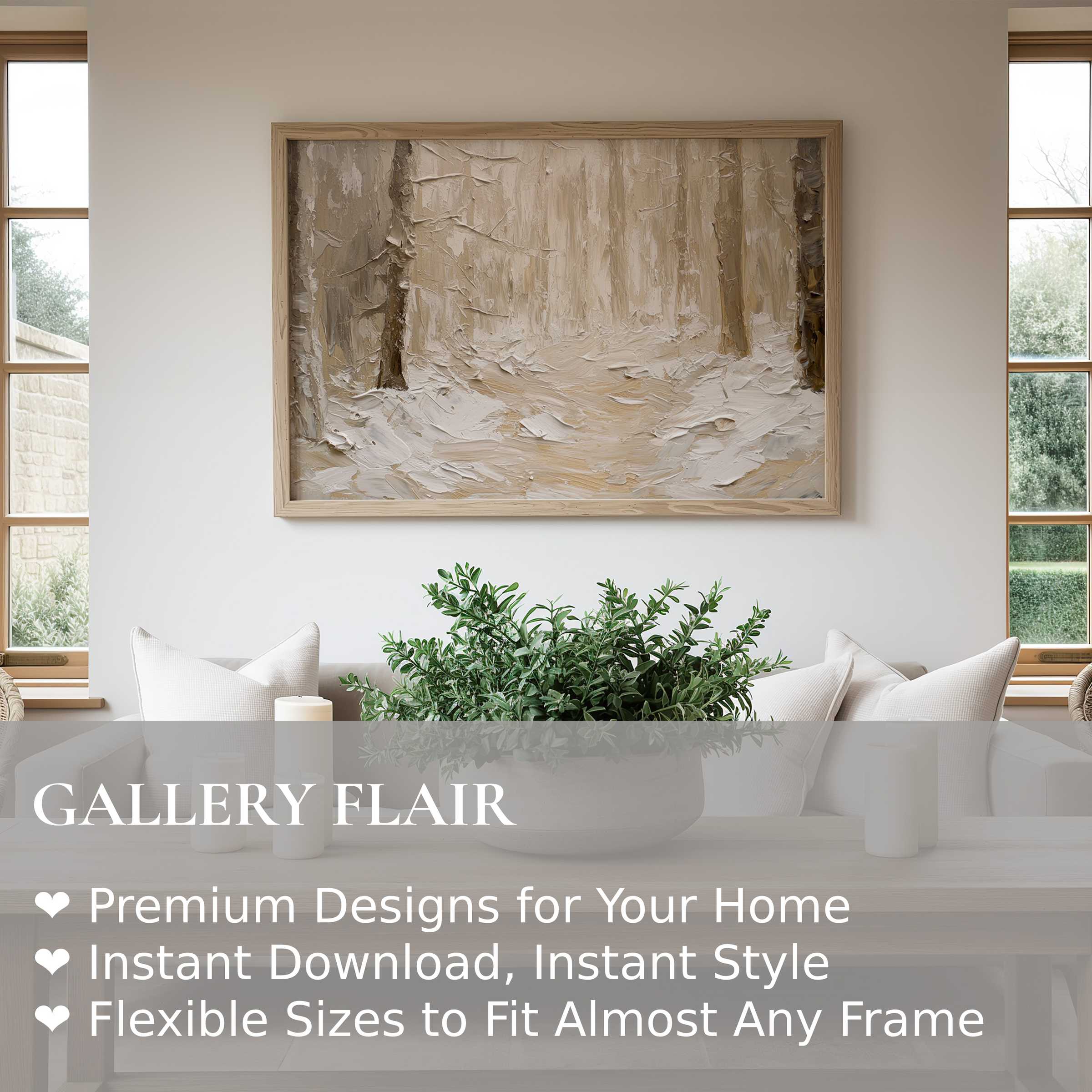 Spring wall art print featuring a textured, neutral-toned forest path, enhancing serene, modern minimalist interiors with soft, natural elegance