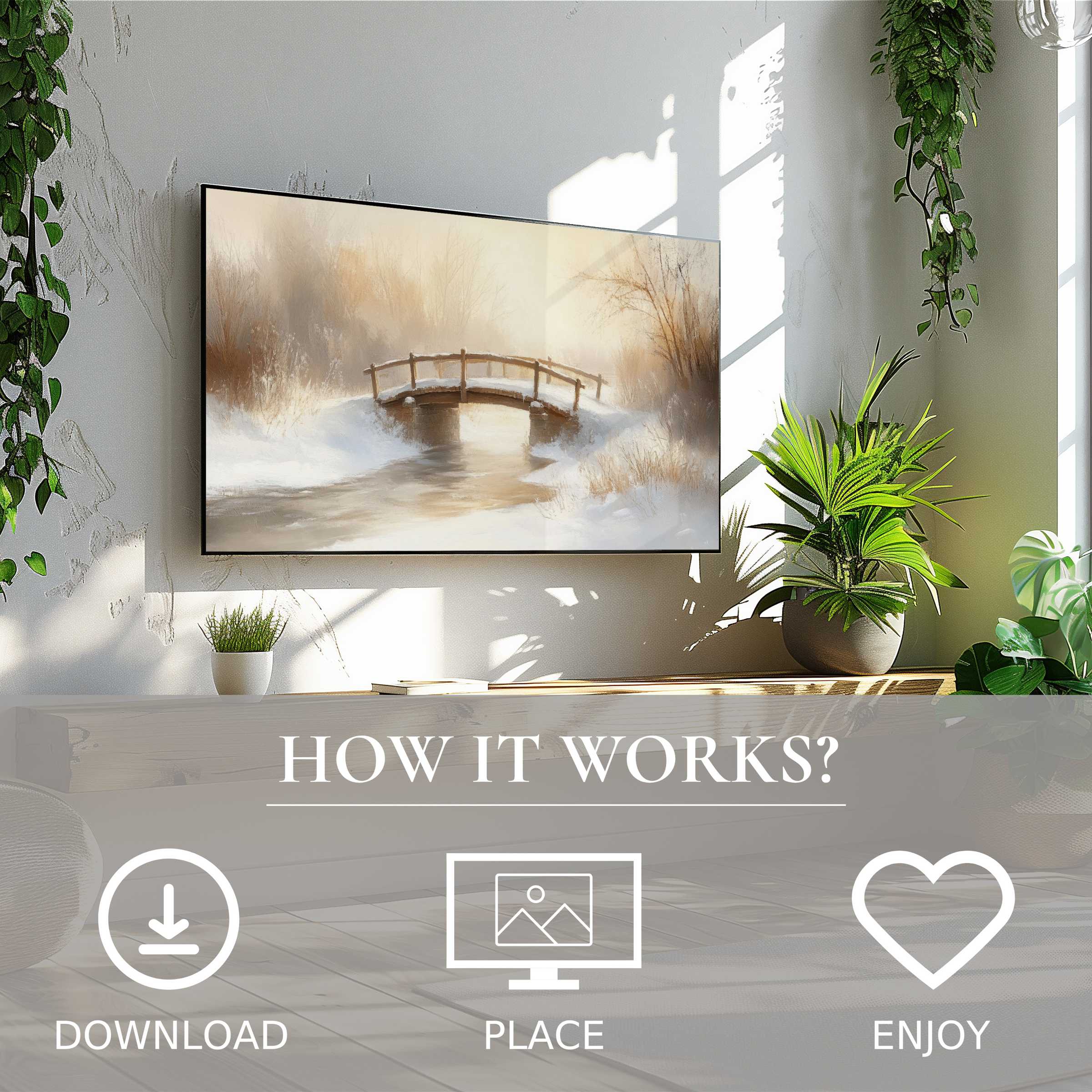 Winter art for Samsung TV shows soft sunset tones over a snowy bridge; easy digital download enriches modern spaces