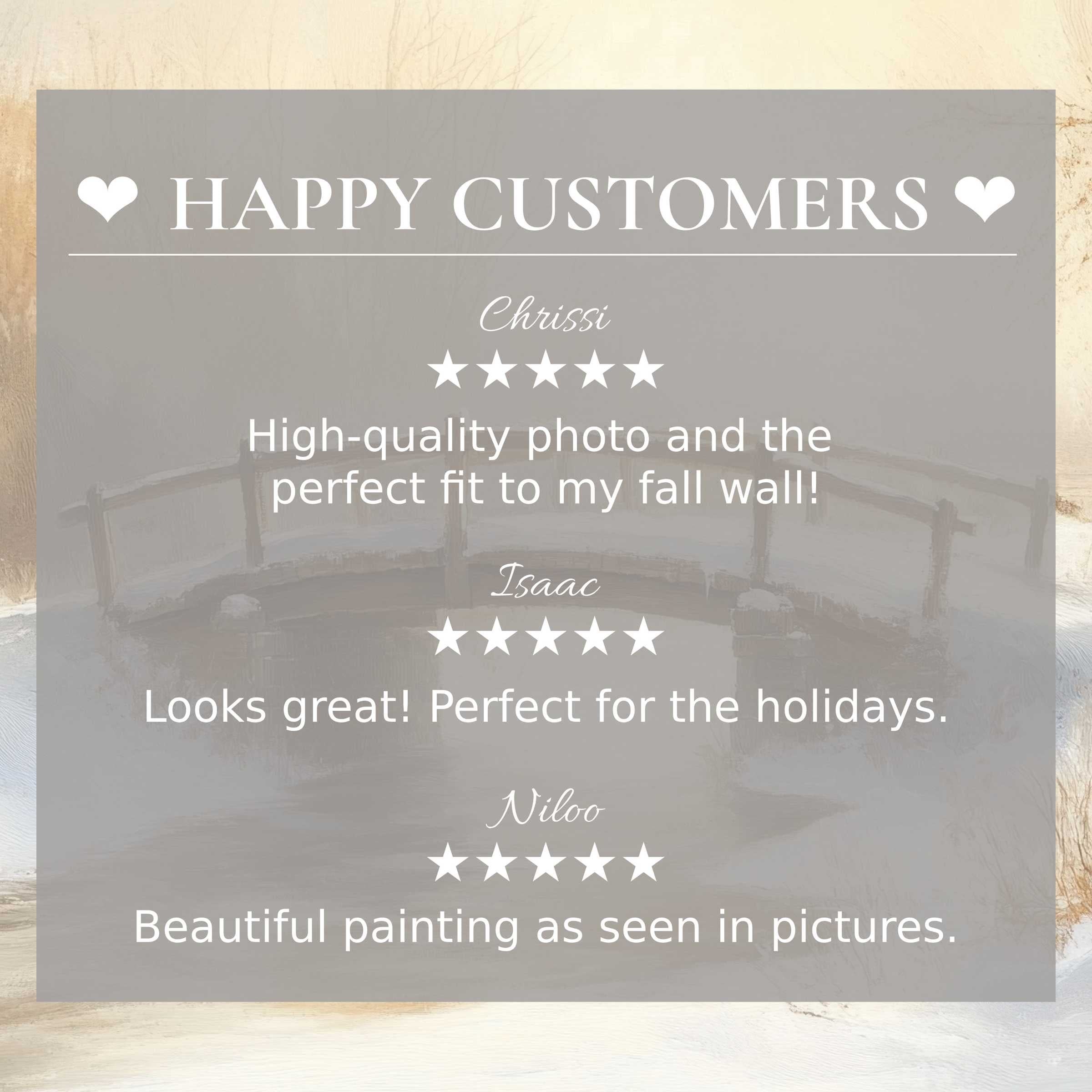 Winter art for Frame TV with subtle bridge motif; layout inspires trust through happy customer reviews and elegant style
