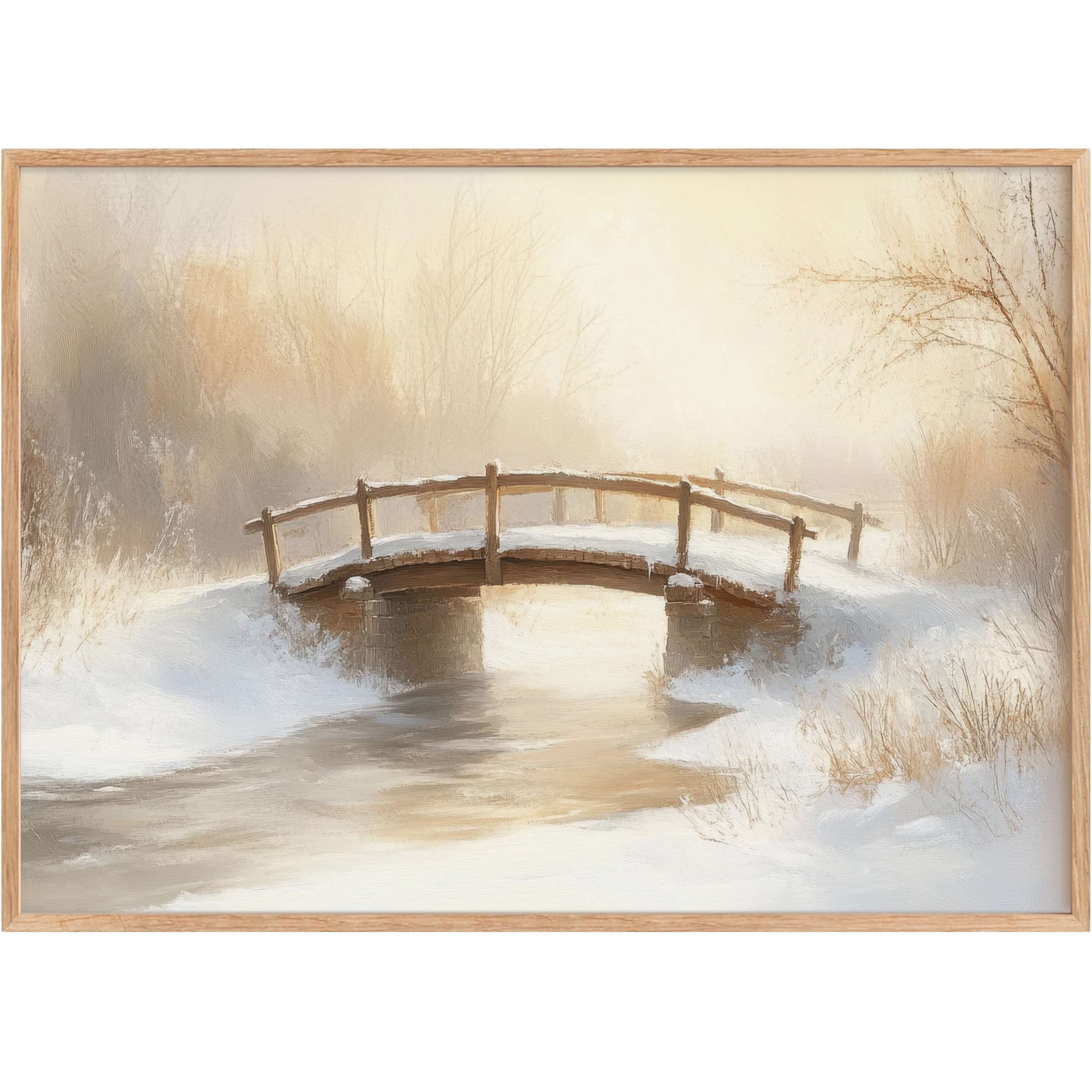 Serene winter printable wall art featuring a soft snow-covered bridge bathed in warm golden light, evoking calm and timeless elegance