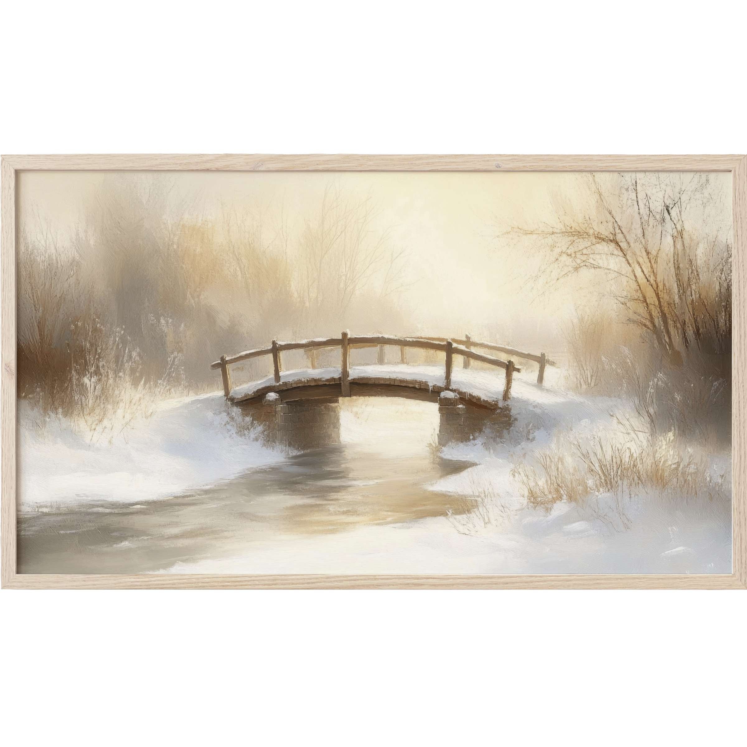 Winter Frame TV Art showcasing a soft, muted palette of creams and browns in a serene snowy bridge scene