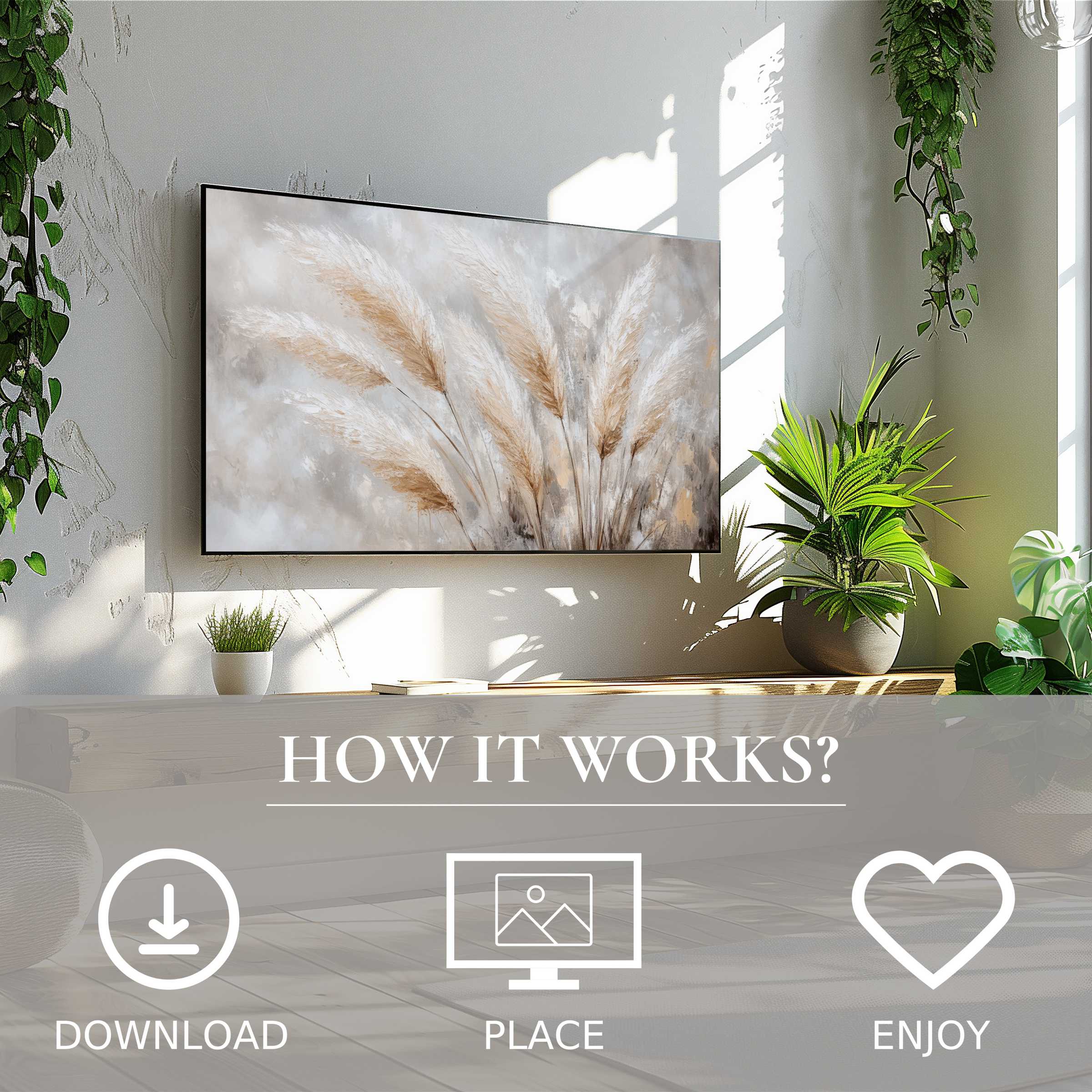 Boho art for Samsung TV displaying soft beige pampas grass; easy digital download enriches modern living spaces