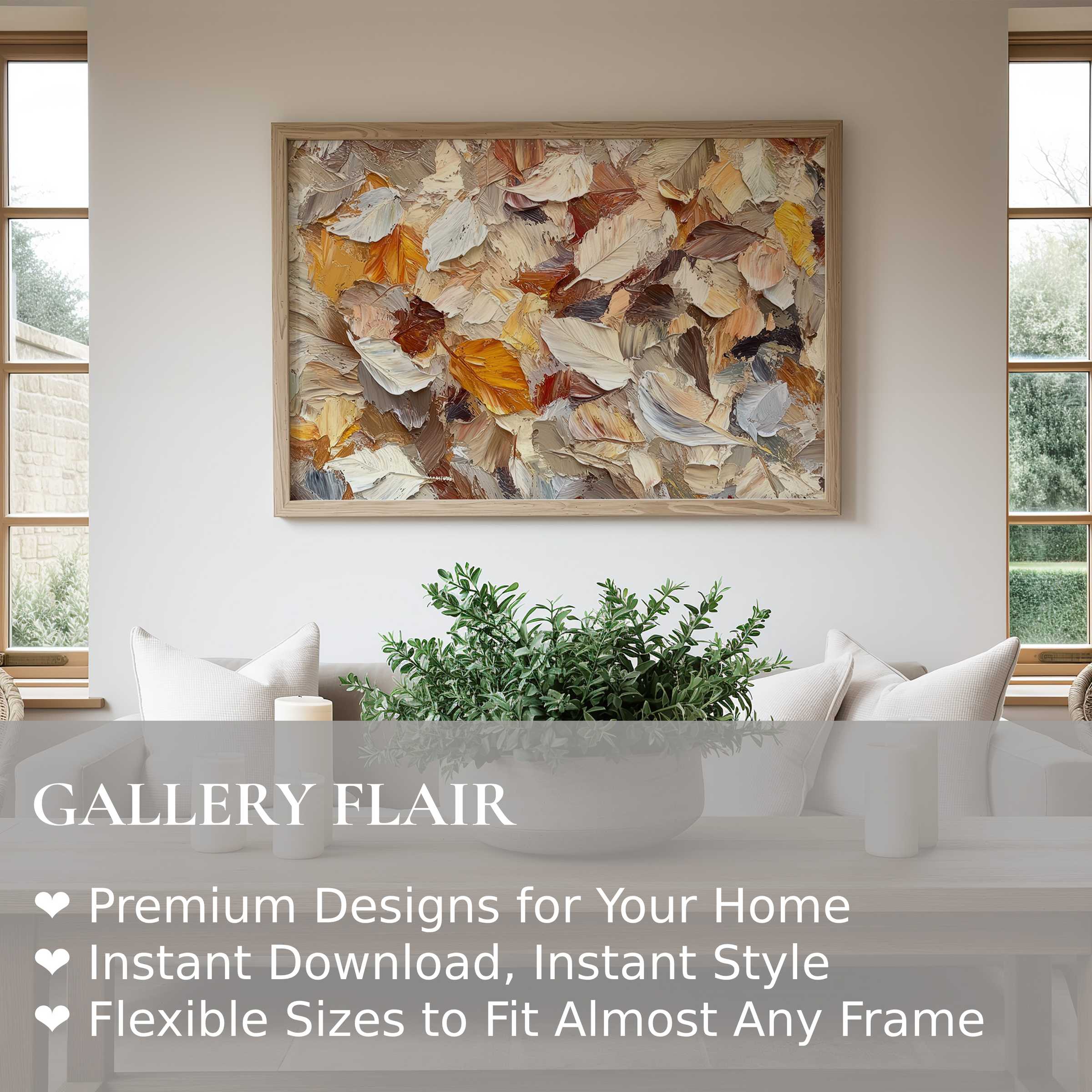 Fall wall art print featuring textured autumn leaves in warm neutrals and amber hues, elevating modern minimalist interiors with a radiant, cozy ambiance