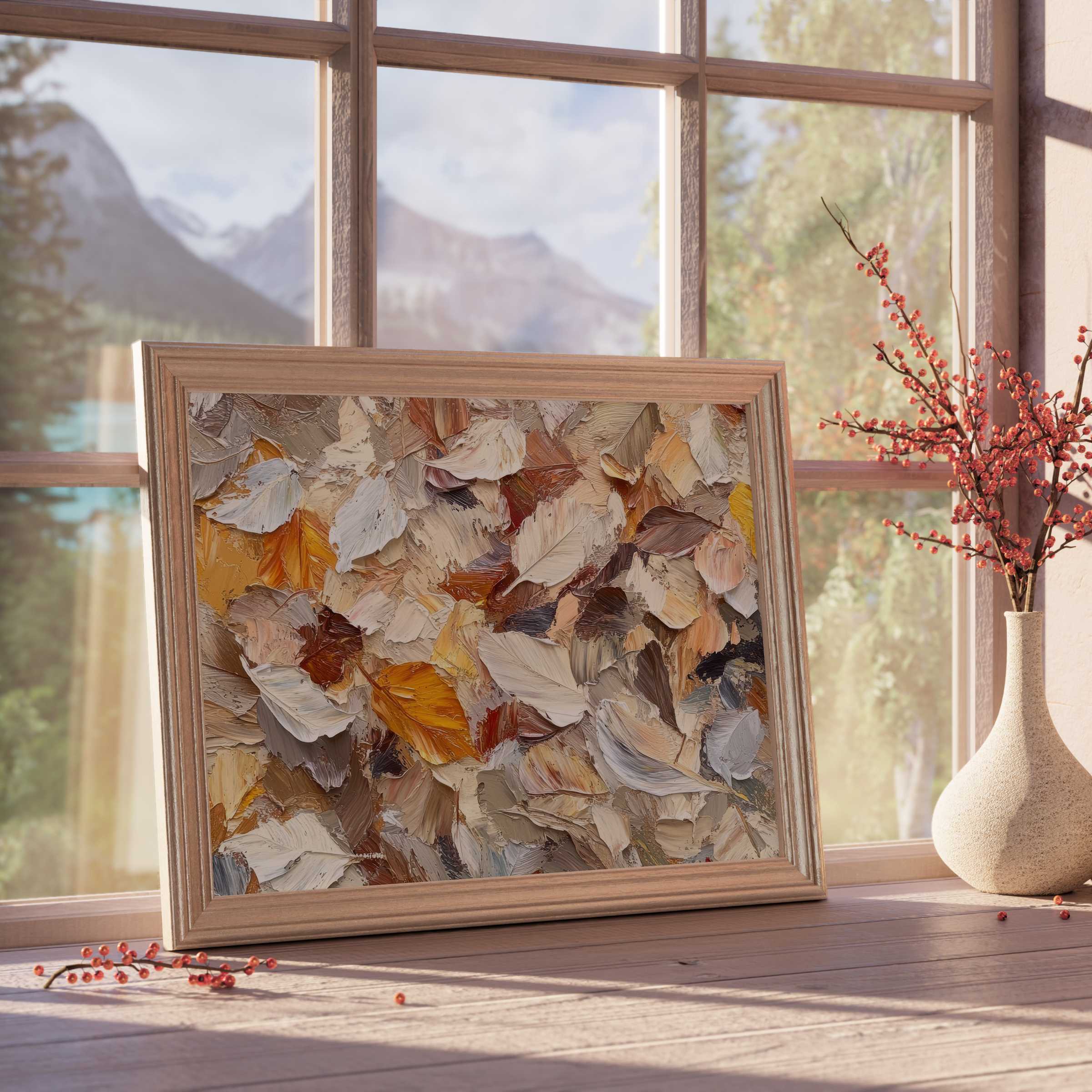 Fall downloadable art capturing textured autumn leaves in warm amber and neutral tones, perfect for curated, tranquil interiors