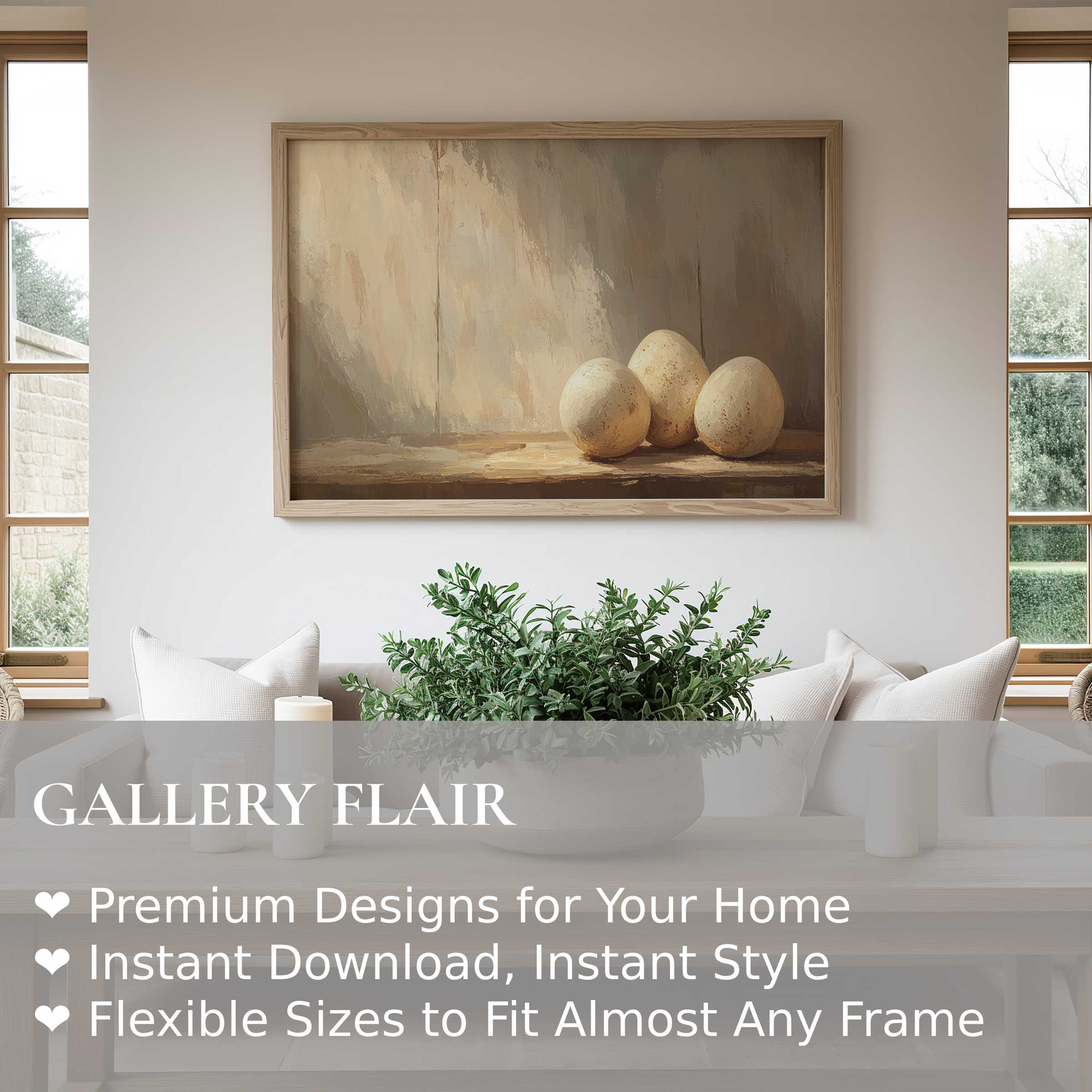 Easter wall art print featuring soft, neutral eggs in a serene still life that elevates modern, minimalist living spaces with timeless elegance