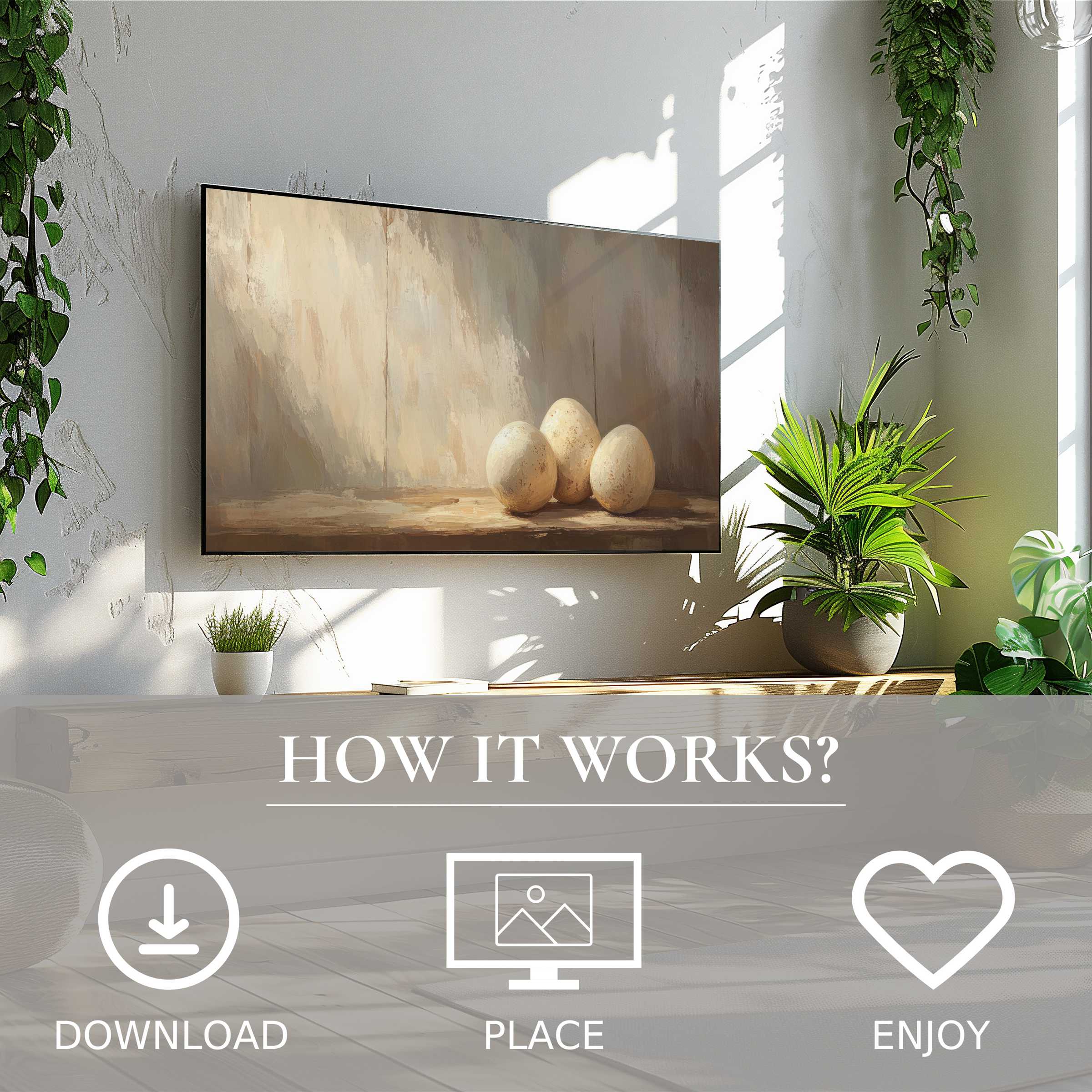 Minimalist easter art for Samsung TV showing soft beige egg tones, easy digital download enriching modern living spaces