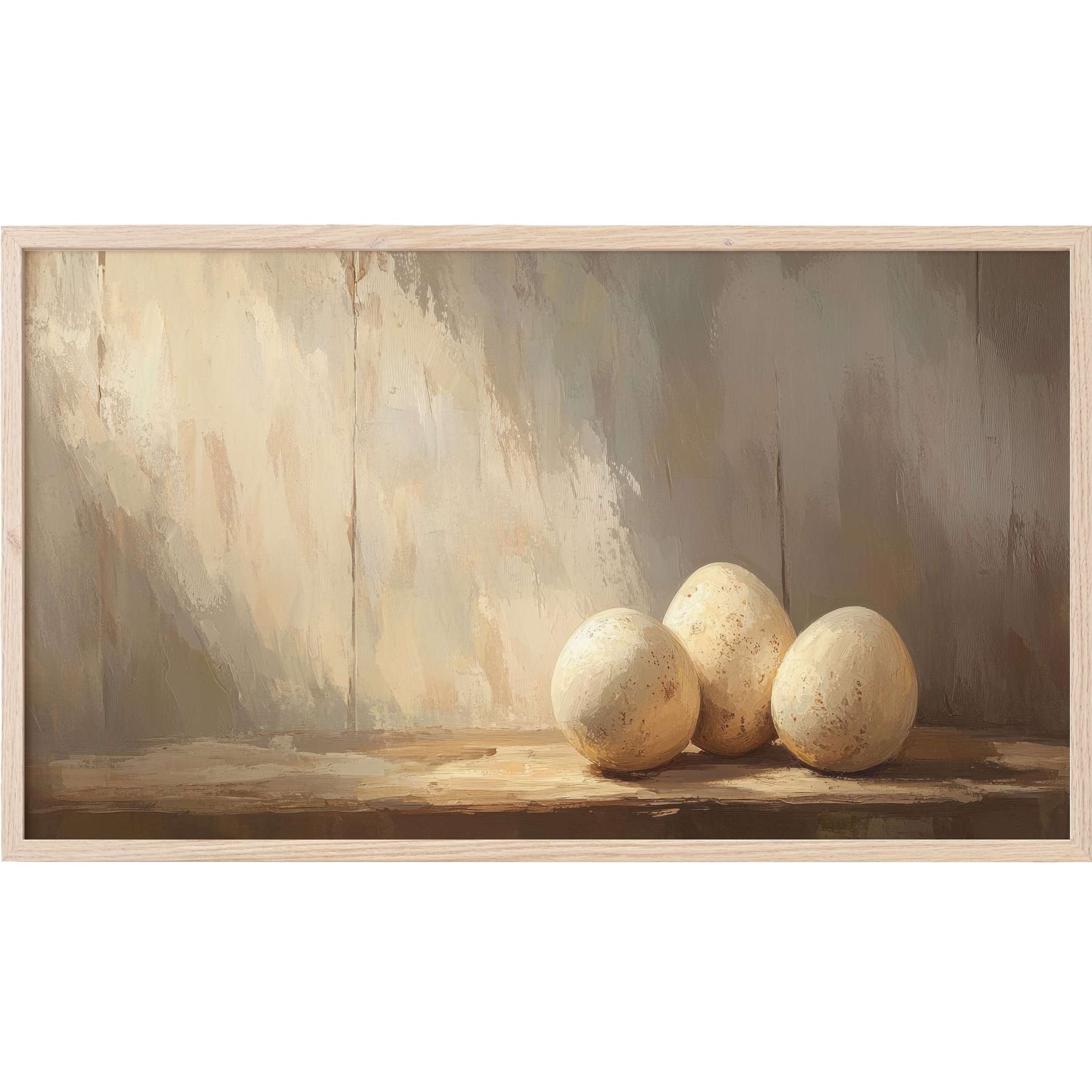Minimalist easter Frame TV Art with textured beige eggs on a rustic wooden surface in soft earthy tones