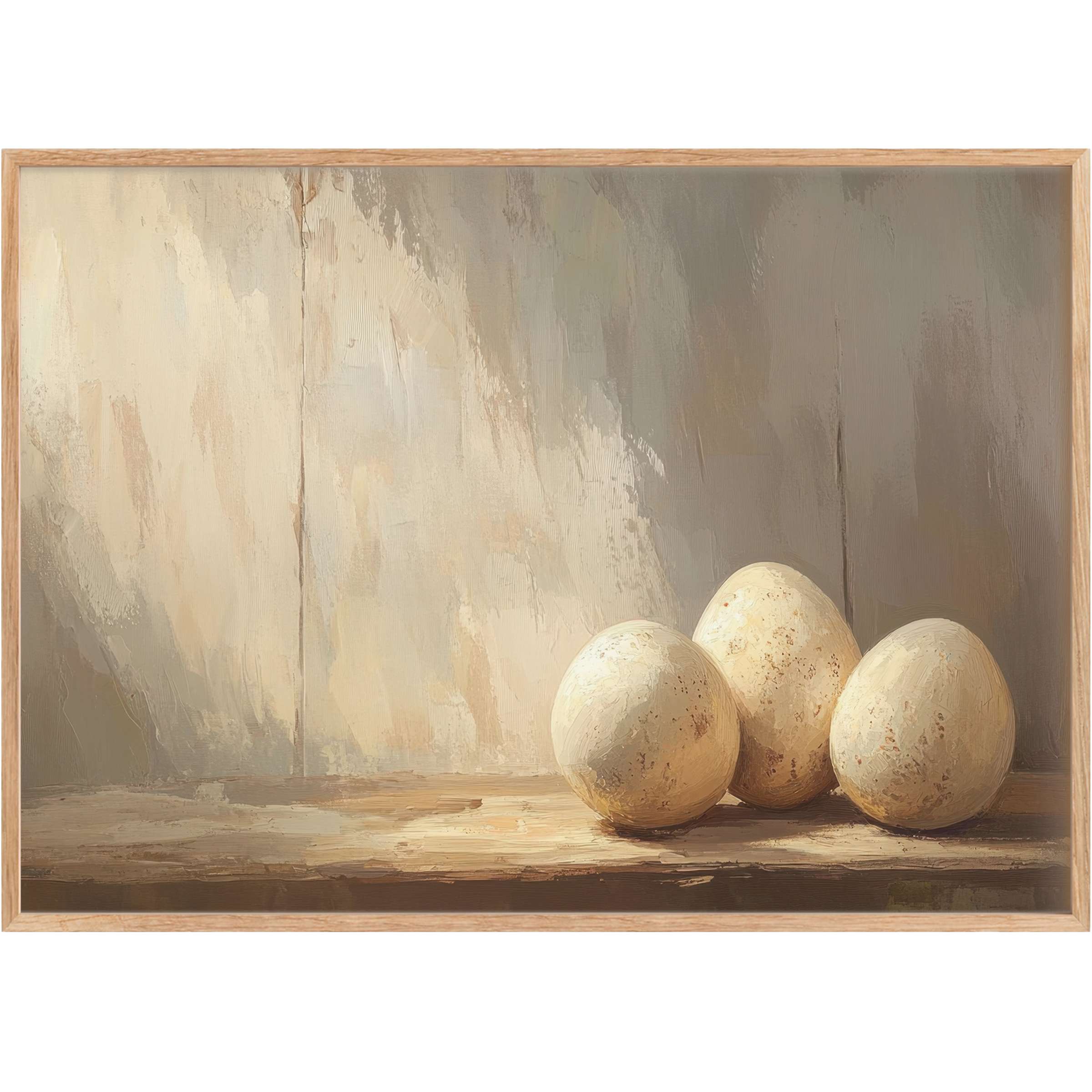 Softly textured Easter printable wall art featuring three speckled eggs in warm neutrals, evoking serene, rustic elegance