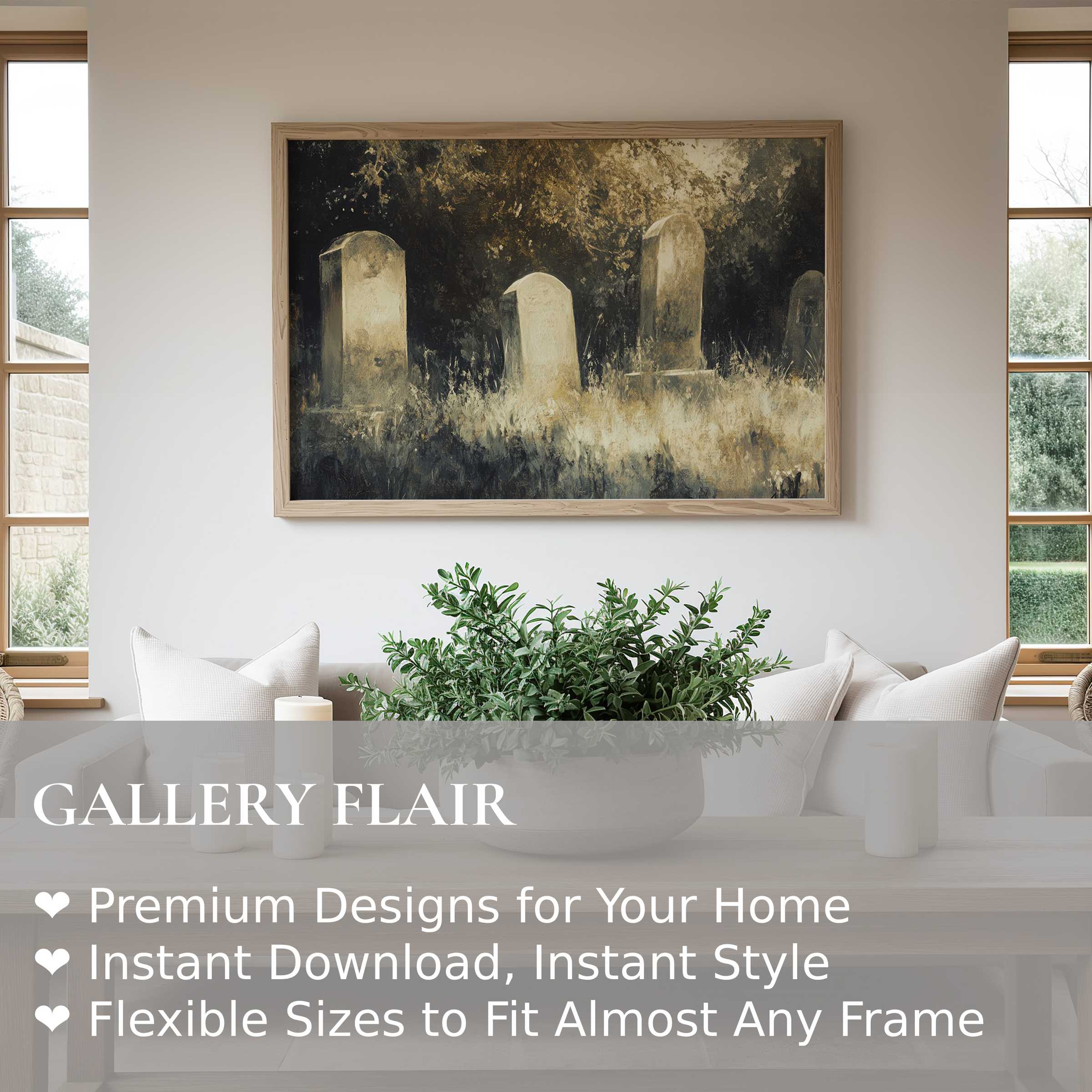 Halloween wall art print featuring moody, atmospheric gravestones in a rustic modern living space, adding bold seasonal elegance and vintage charm