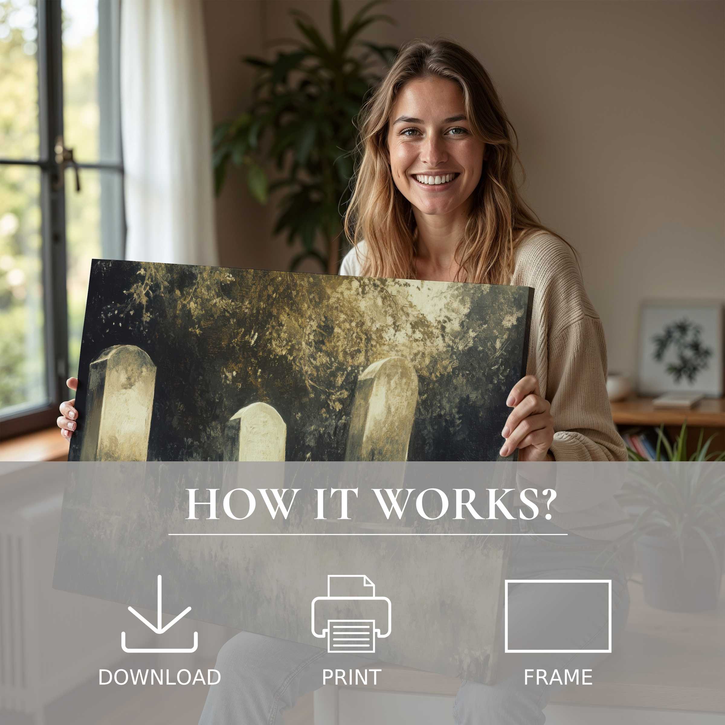 Woman radiates serene joy as she embraces a Halloween digital art print, infusing modern living with timeless elegance