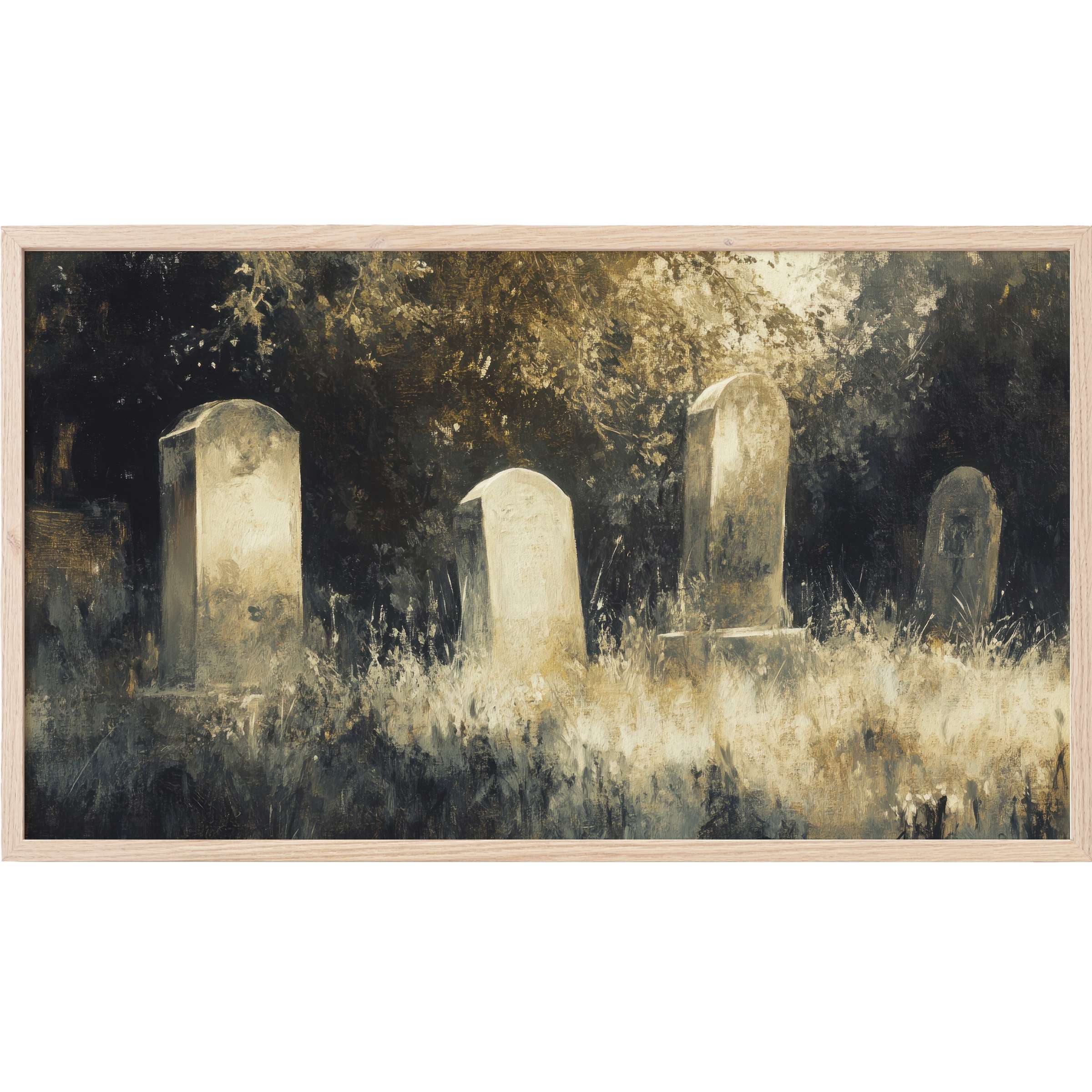 Haunted cemetery scene in muted golds and blacks, evoking eerie calm in this halloween Frame TV Art