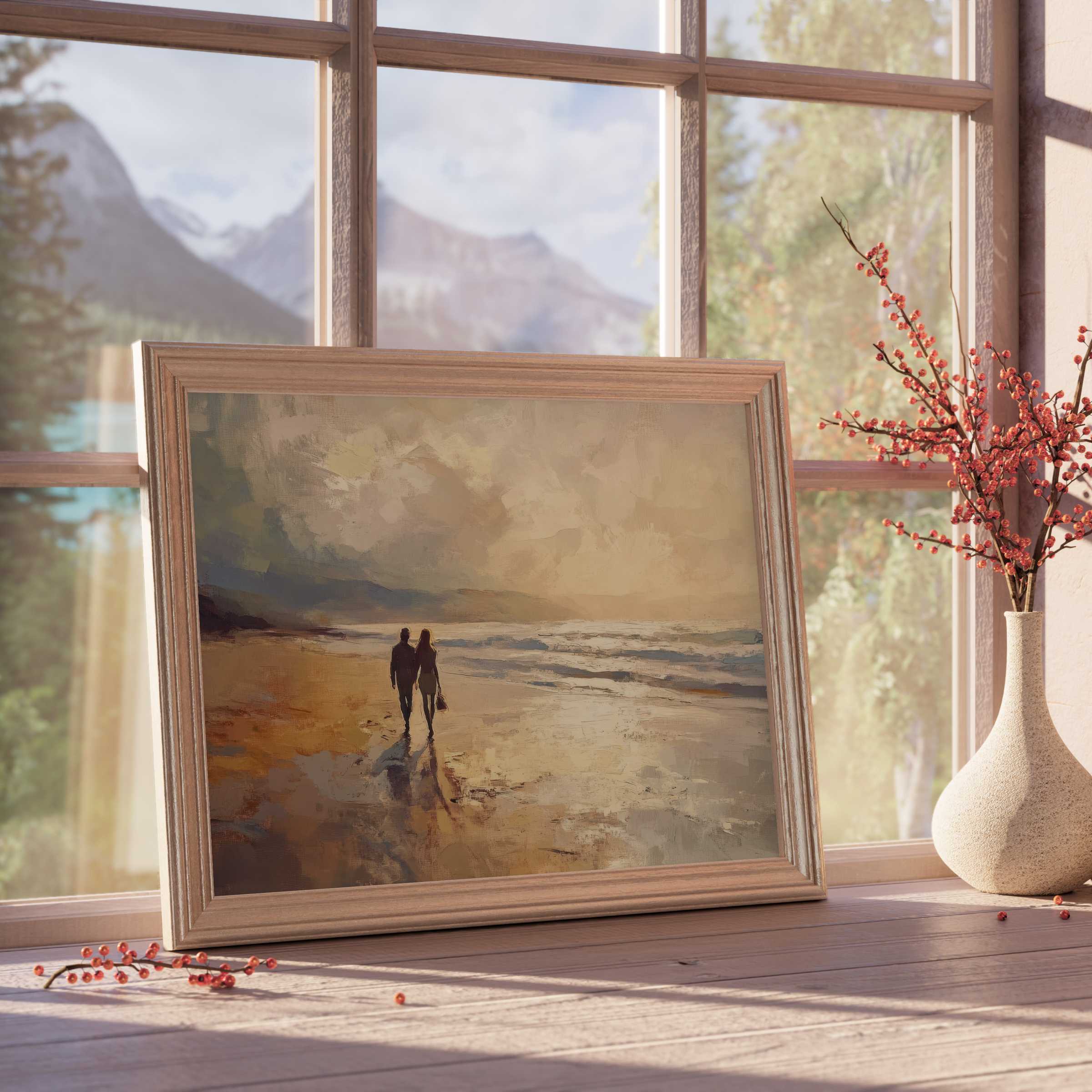 Beach downloadable art capturing a serene sunset stroll on a tranquil shore, perfect for curated, elegant interiors