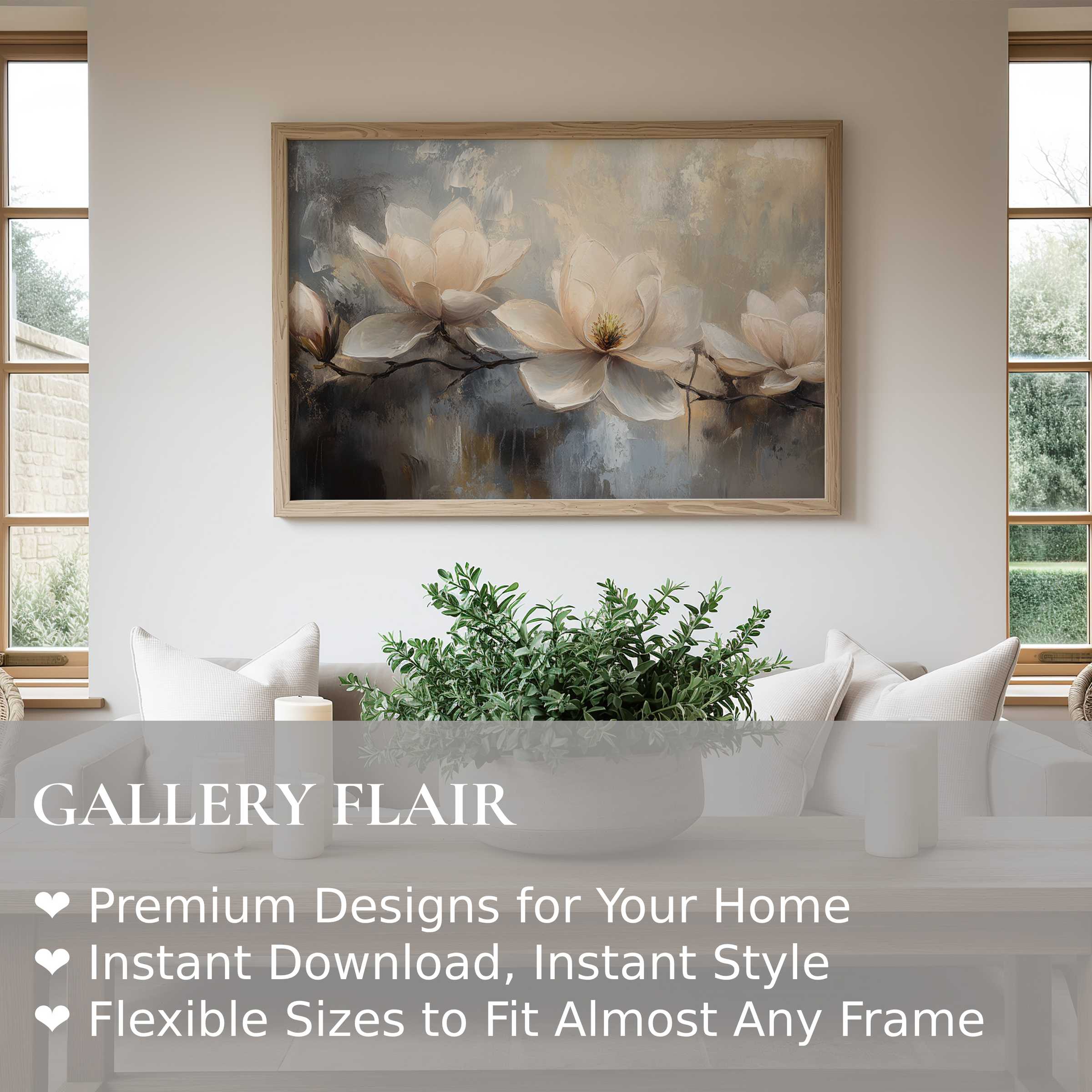 Botanical wall art print of soft magnolia blooms in muted tones, enhancing serene modern interiors with elegant, calming floral decor