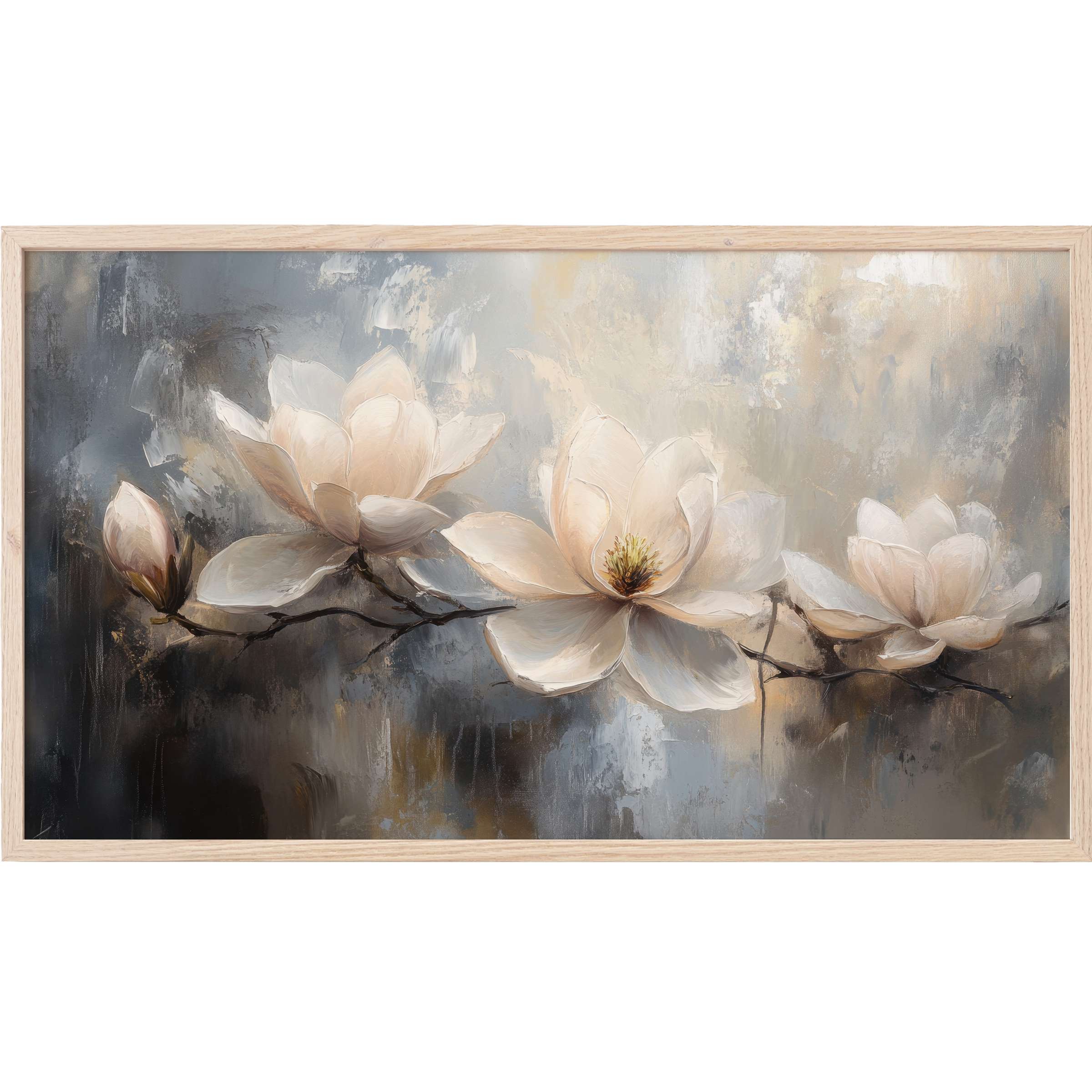 Elegant botanical Frame TV Art featuring soft cream magnolias on textured gray and beige abstract background
