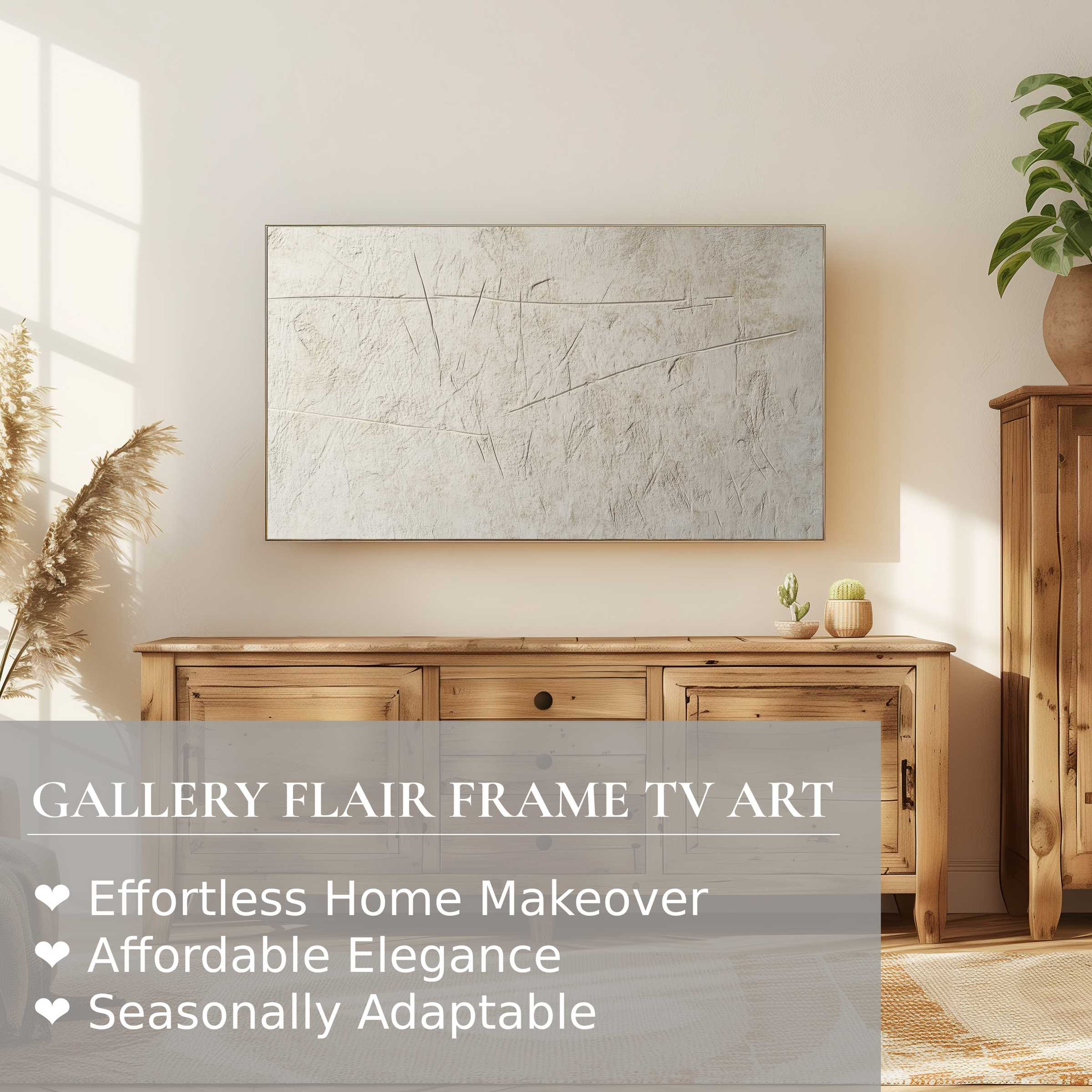 Samsung Frame TV displays refined abstract digital artwork in a serene, modern living space with natural wood accents