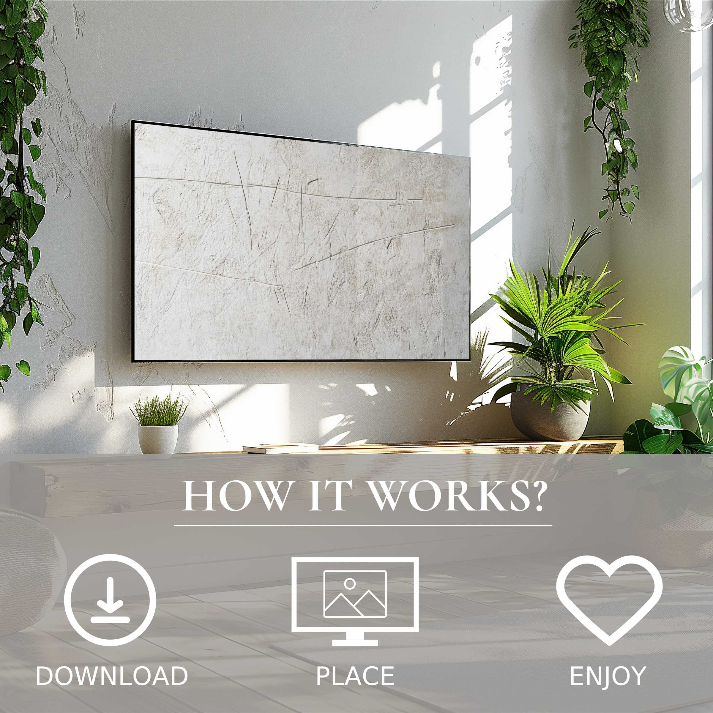 Minimalist abstract art for Samsung TV with soft neutral textures, easy digital download enriches bright, plant-filled living spaces