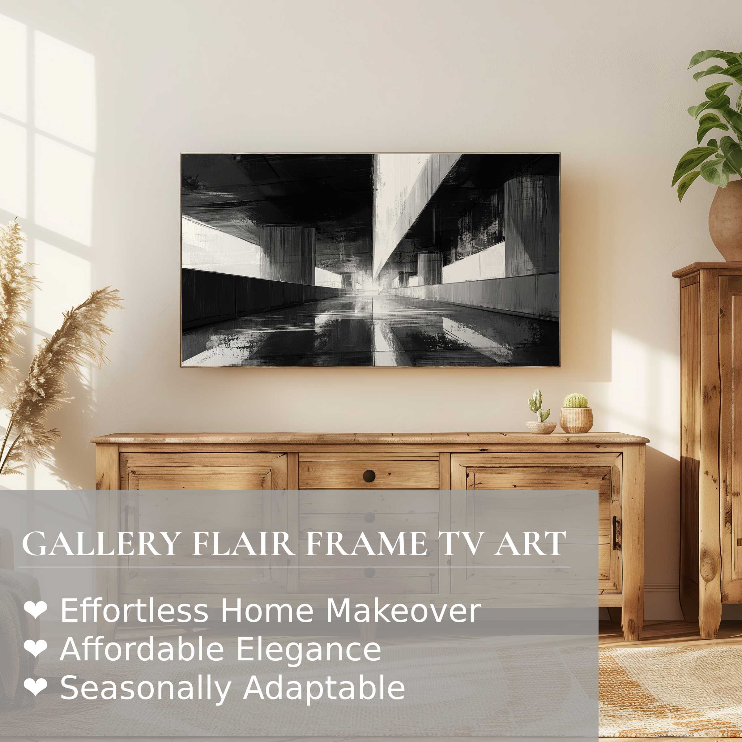 Samsung Frame TV showcasing black and white digital artwork of modern architectural depth in a stylish room