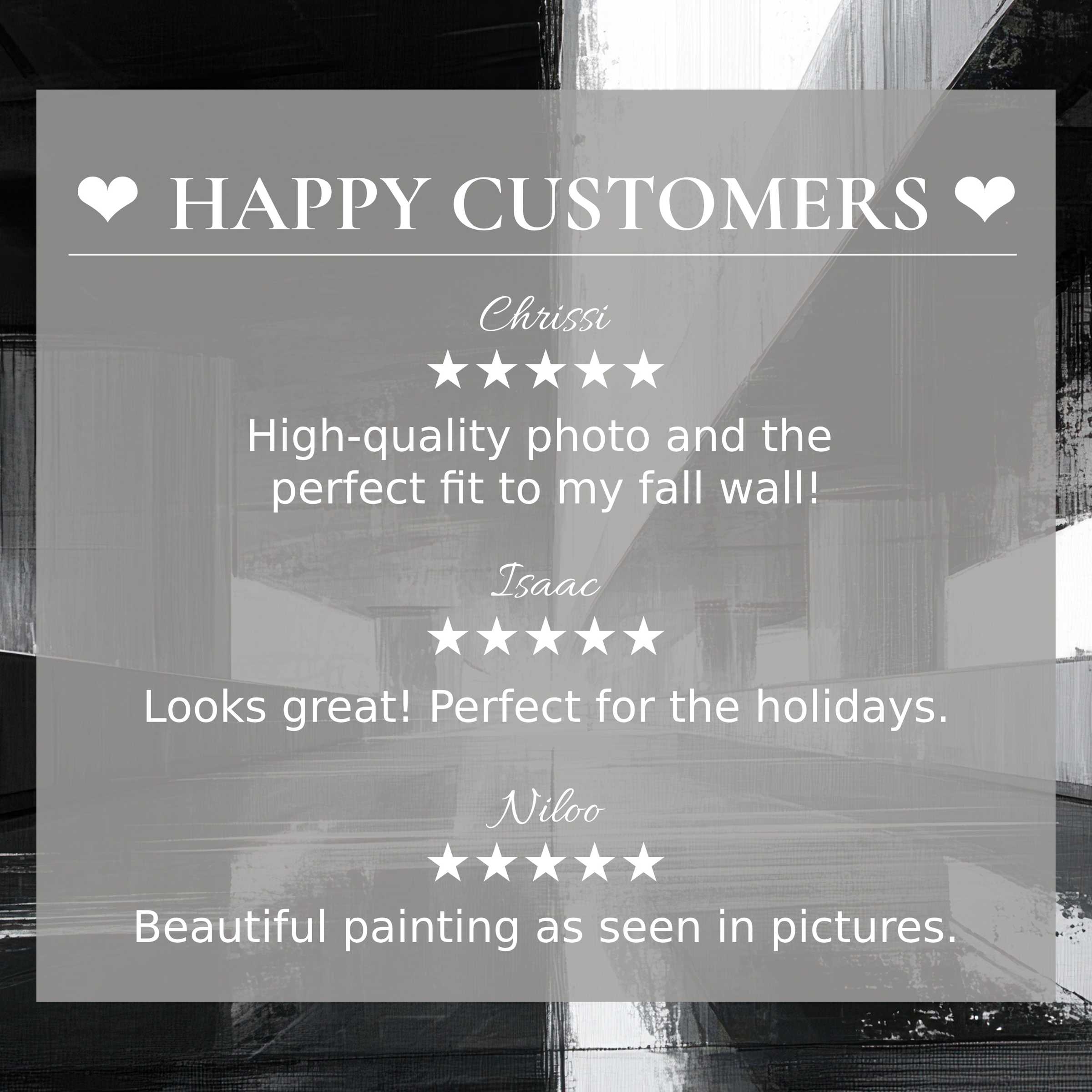 Black and white art for Frame TV with abstract geometric background, showcasing happy customer reviews and refined elegance
