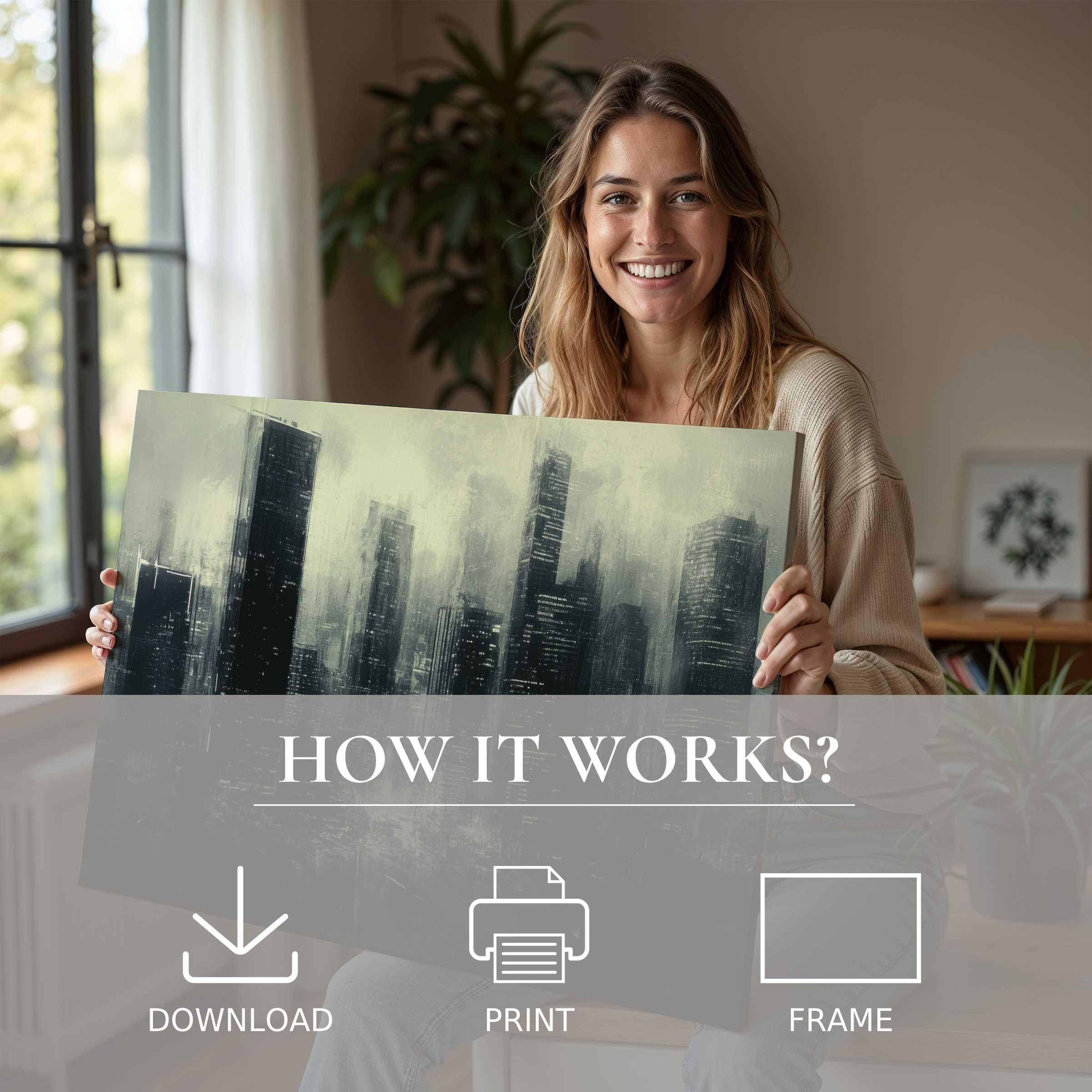 A radiant moment of joy embracing urban digital art print, transforming modern living with effortless elegance and connection