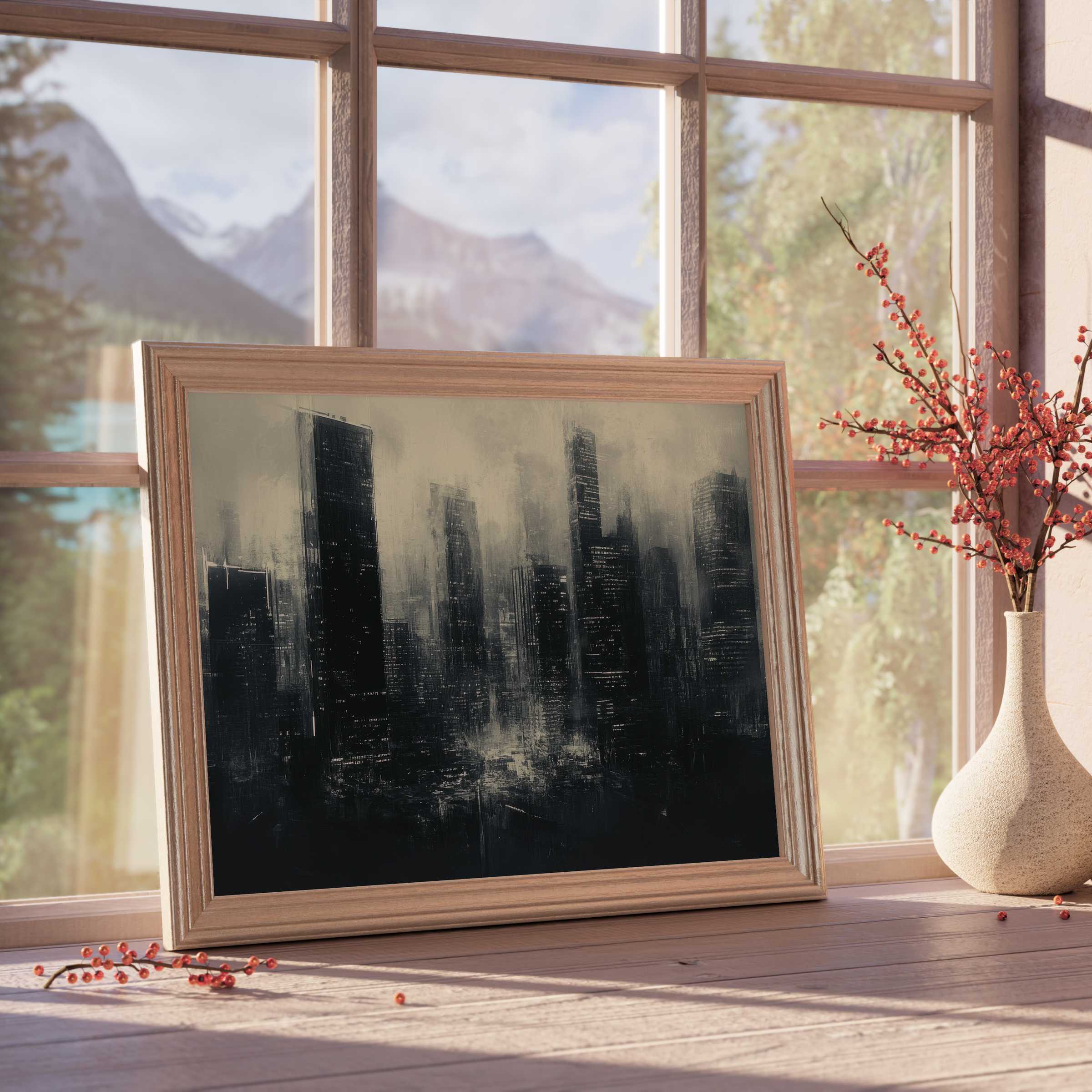 Urban downloadable art capturing a moody skyline silhouette, perfect for elevating tranquil, design-forward interiors with sleek sophistication