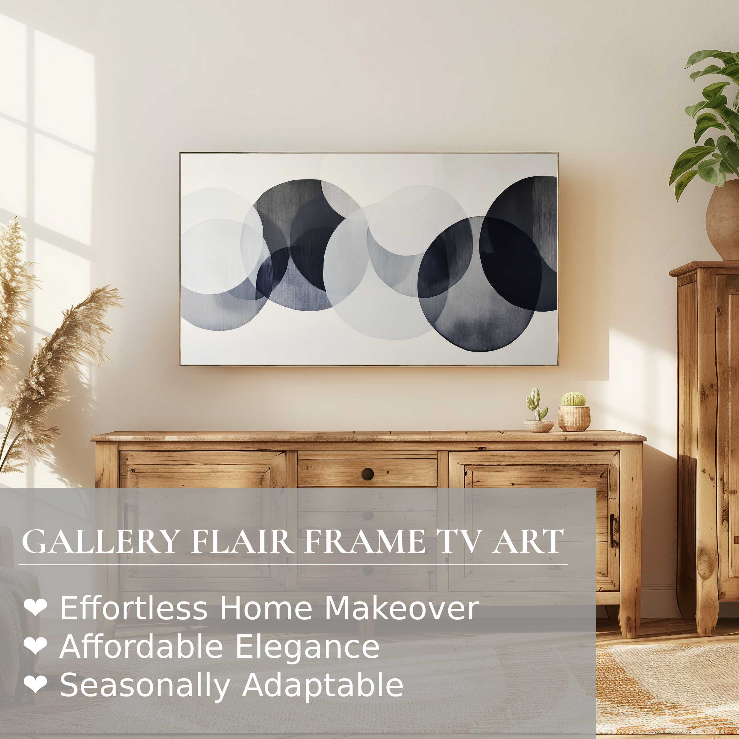 Samsung Frame TV displays modern digital artwork with overlapping circles in a serene, stylish living room setting
