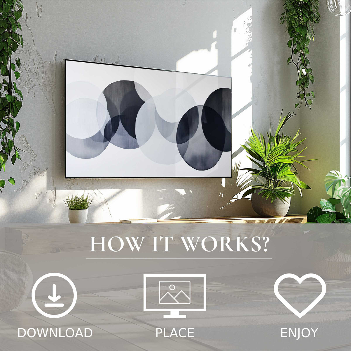 Modern art for Samsung TV shows layered gray circles, enhancing decor with easy digital download for stylish living spaces