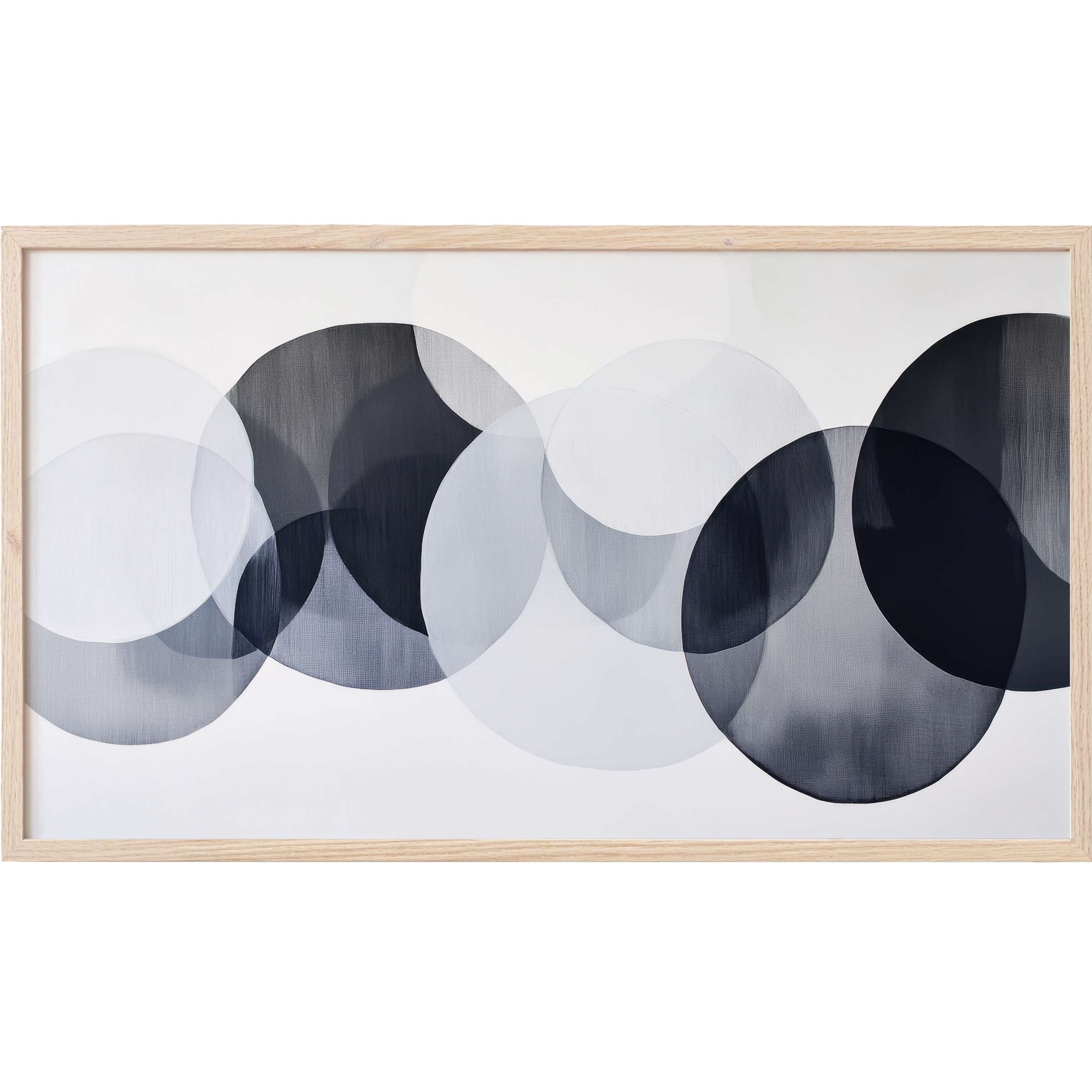 Elegant modern Frame TV Art featuring layered translucent black, gray, and white circles in a minimalist style