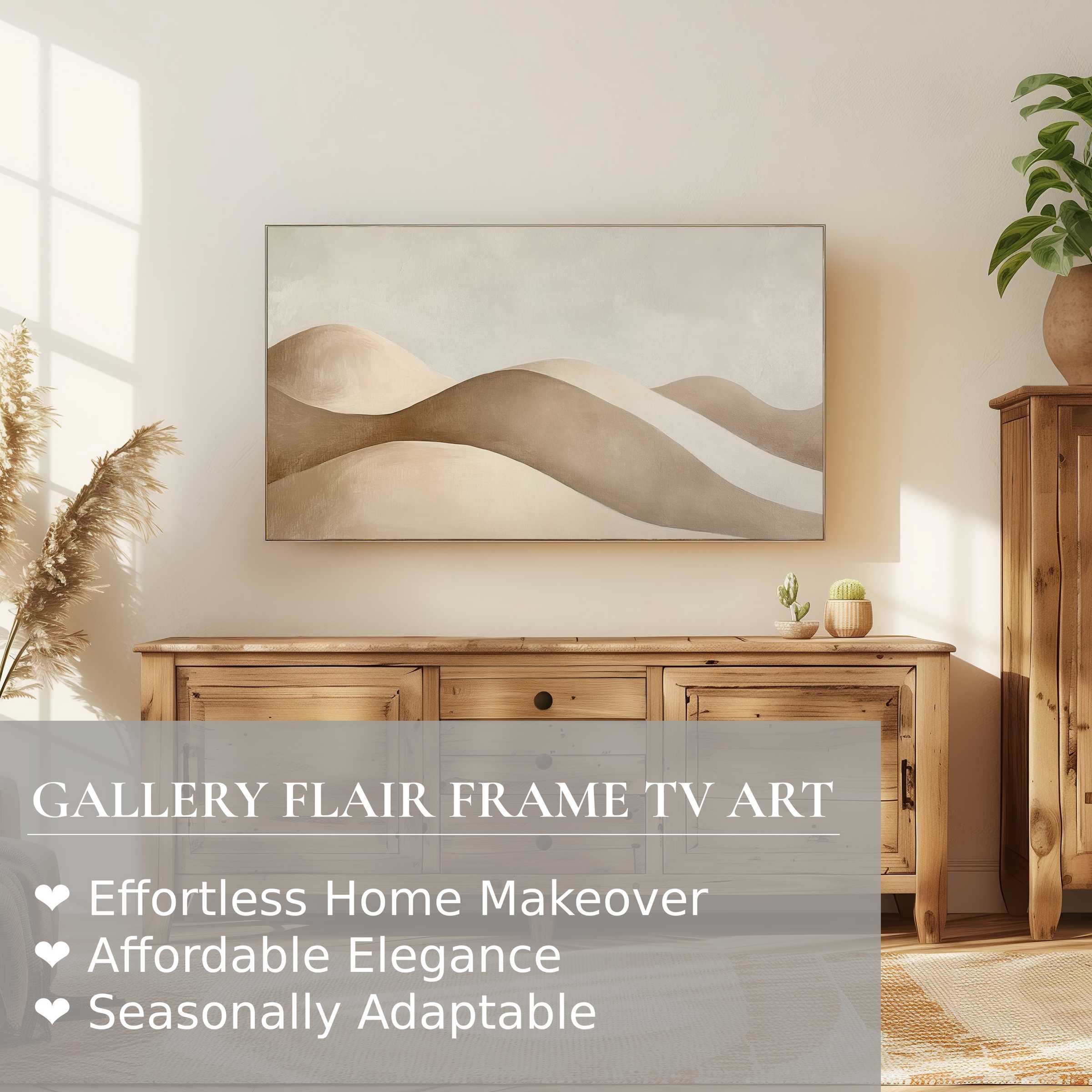 Samsung Frame TV displaying neutral digital artwork of soft, flowing beige hills in a serene, elegant setting