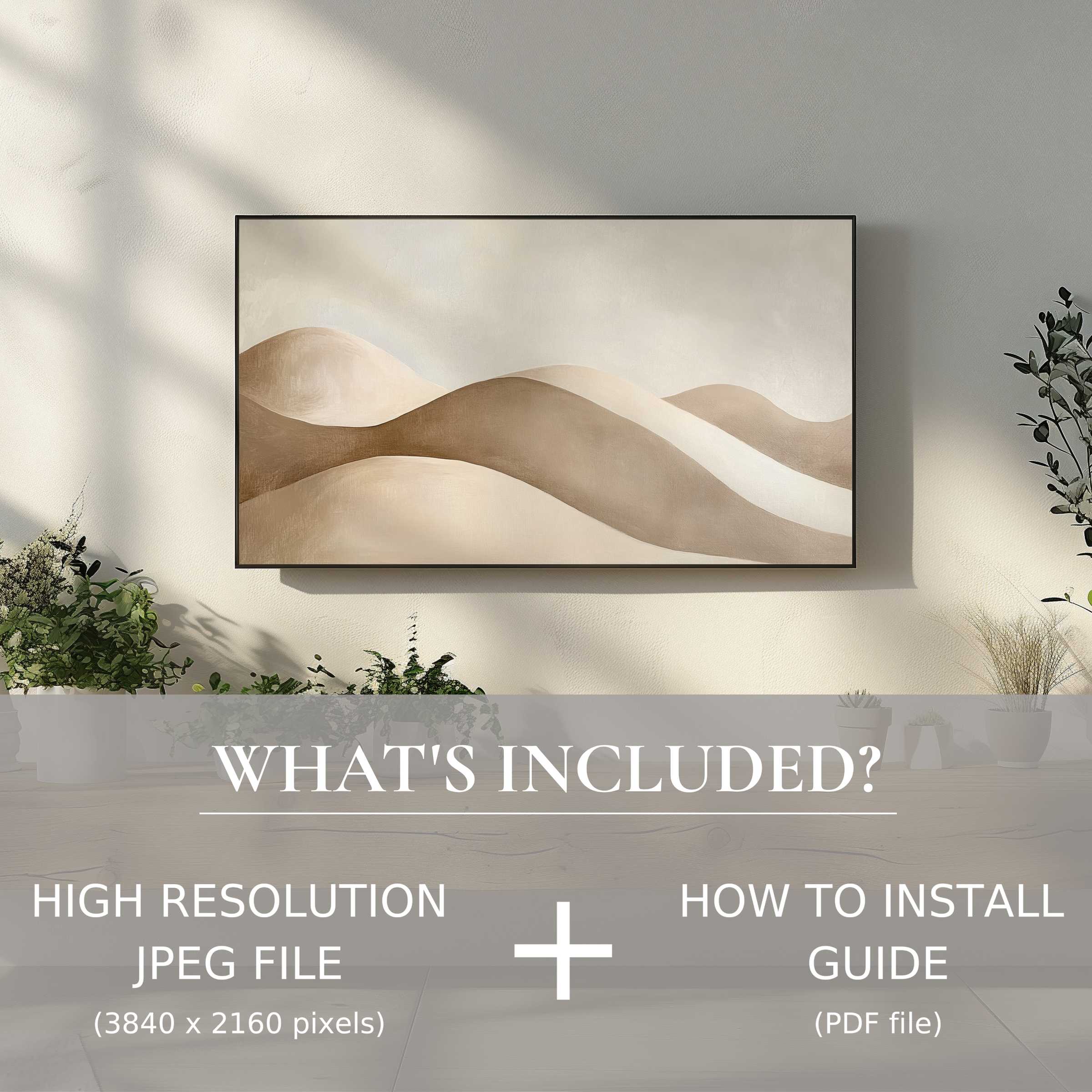 Elegant, neutral digital TV art download enhances living space with easy use; modern, soft tones blend seamlessly in stylish decor