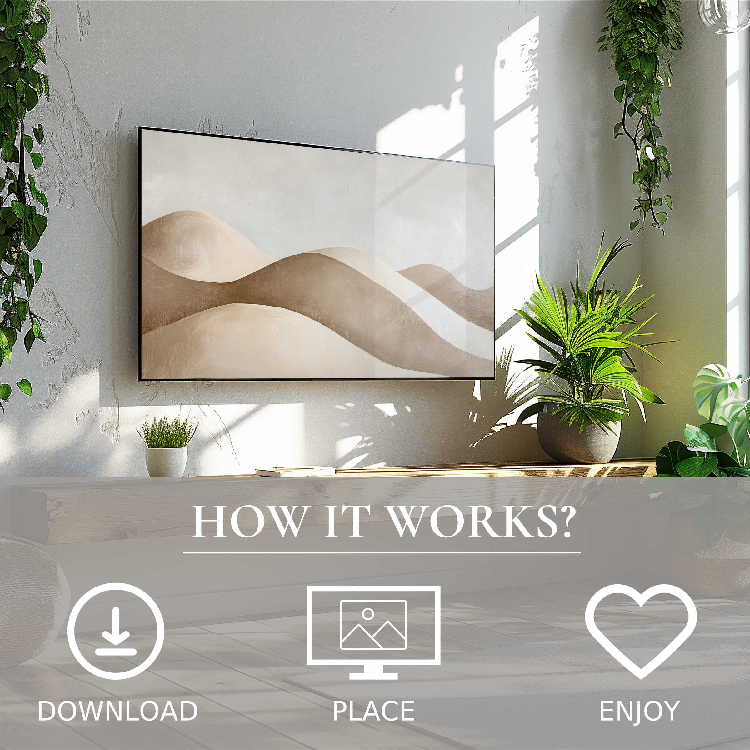 Neutral art for Samsung TV with soft beige waves, easy digital download enriches stylish, plant-filled living space