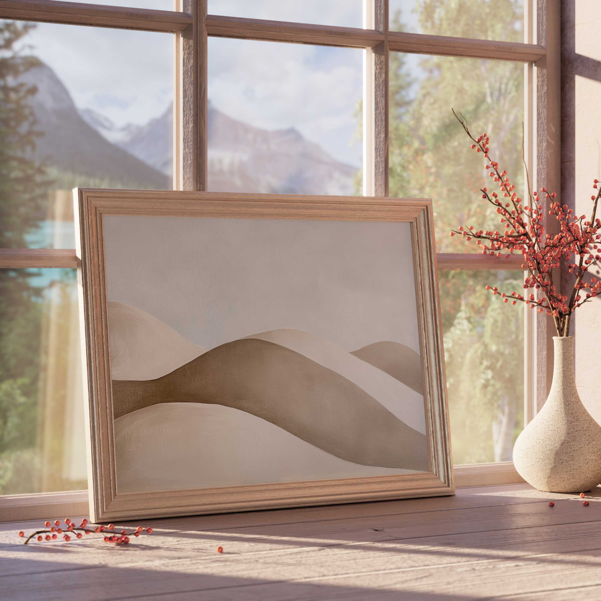 Neutral downloadable art featuring serene beige and taupe waves, enhancing tranquil, curated interiors with elegant natural frames
