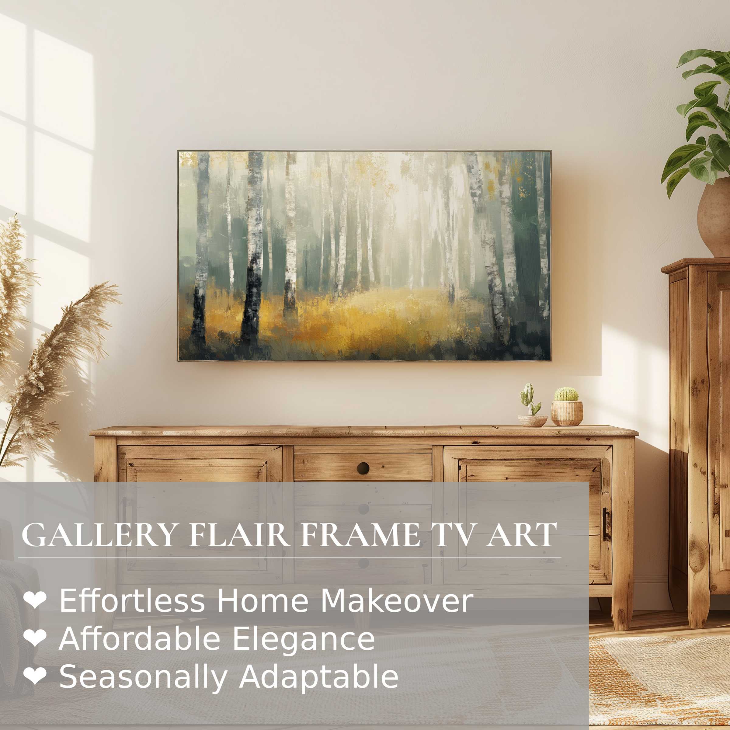 Modern Samsung Frame TV displays serene tree digital artwork in a warm, natural-toned living space, perfect for refined decor