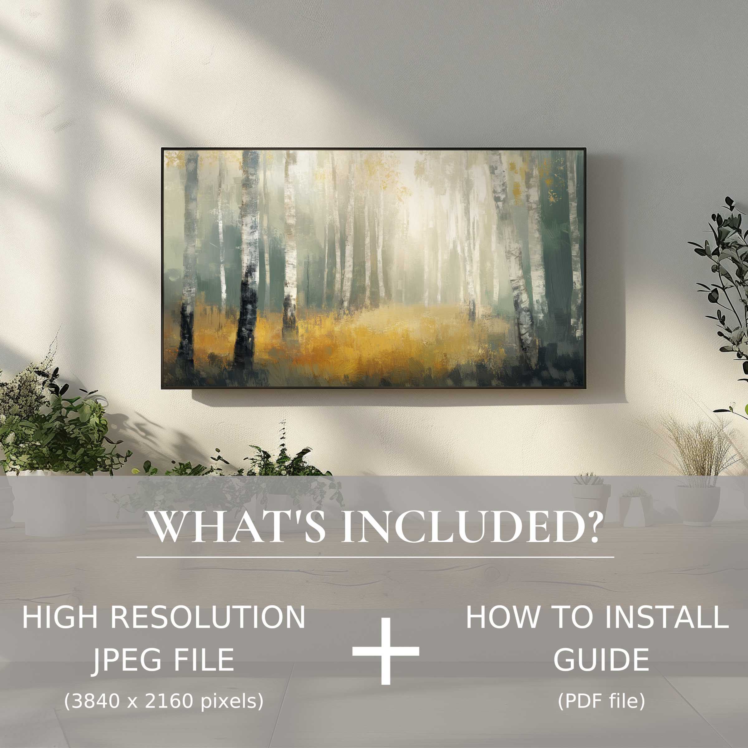Sophisticated tree digital TV art download, elevating spaces with easy digital use and serene, modern forest imagery
