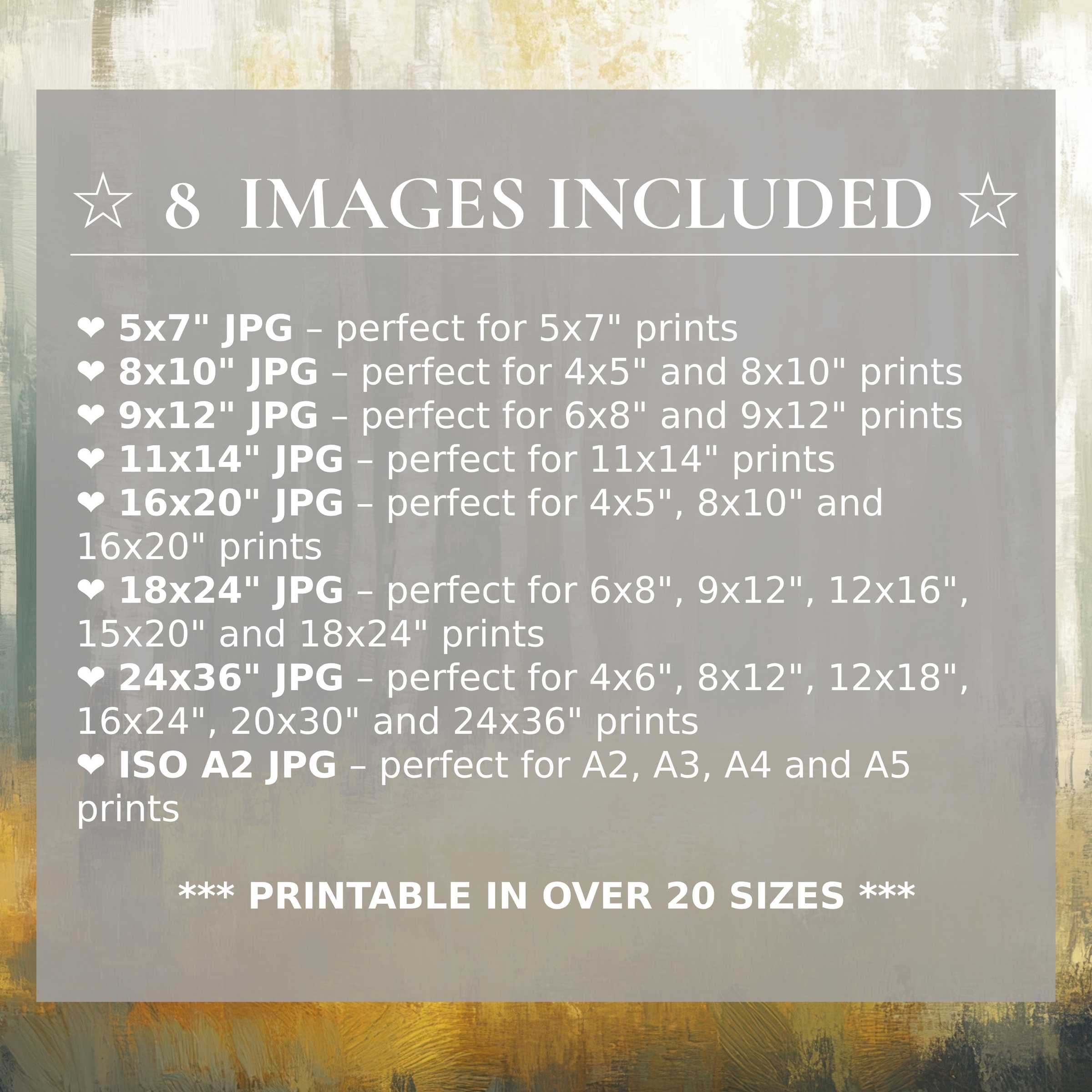 Print size guide showing 8 included JPG formats for versatile wall art printing – perfect for framing in popular sizes from 5x7 to 24x36 and A2