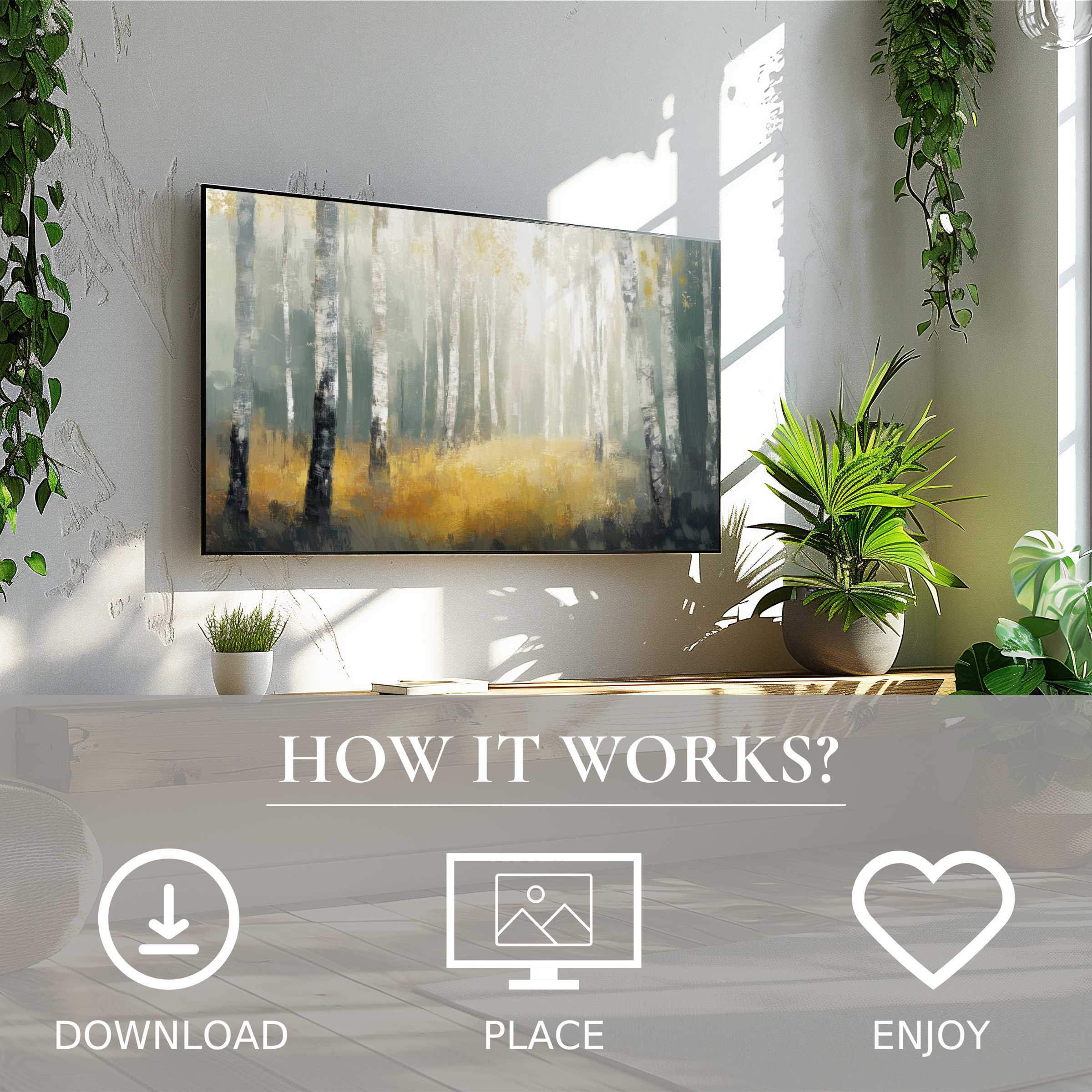 Tree art for Samsung TV shows soft, misty forest tones; easy digital download enriches modern living spaces