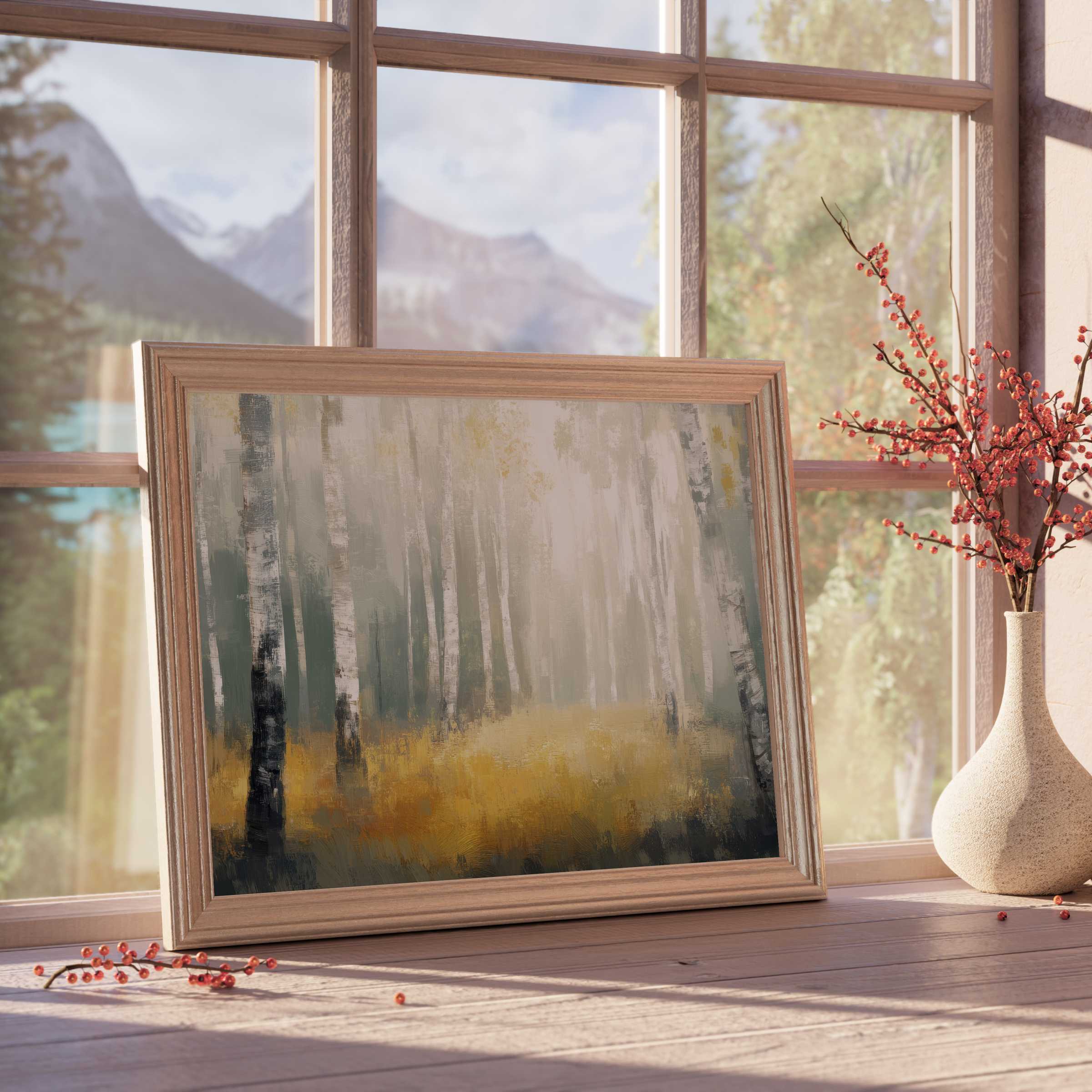 Serene tree downloadable art capturing misty birch forests in golden hues, perfect for curated, tranquil, design-forward interiors