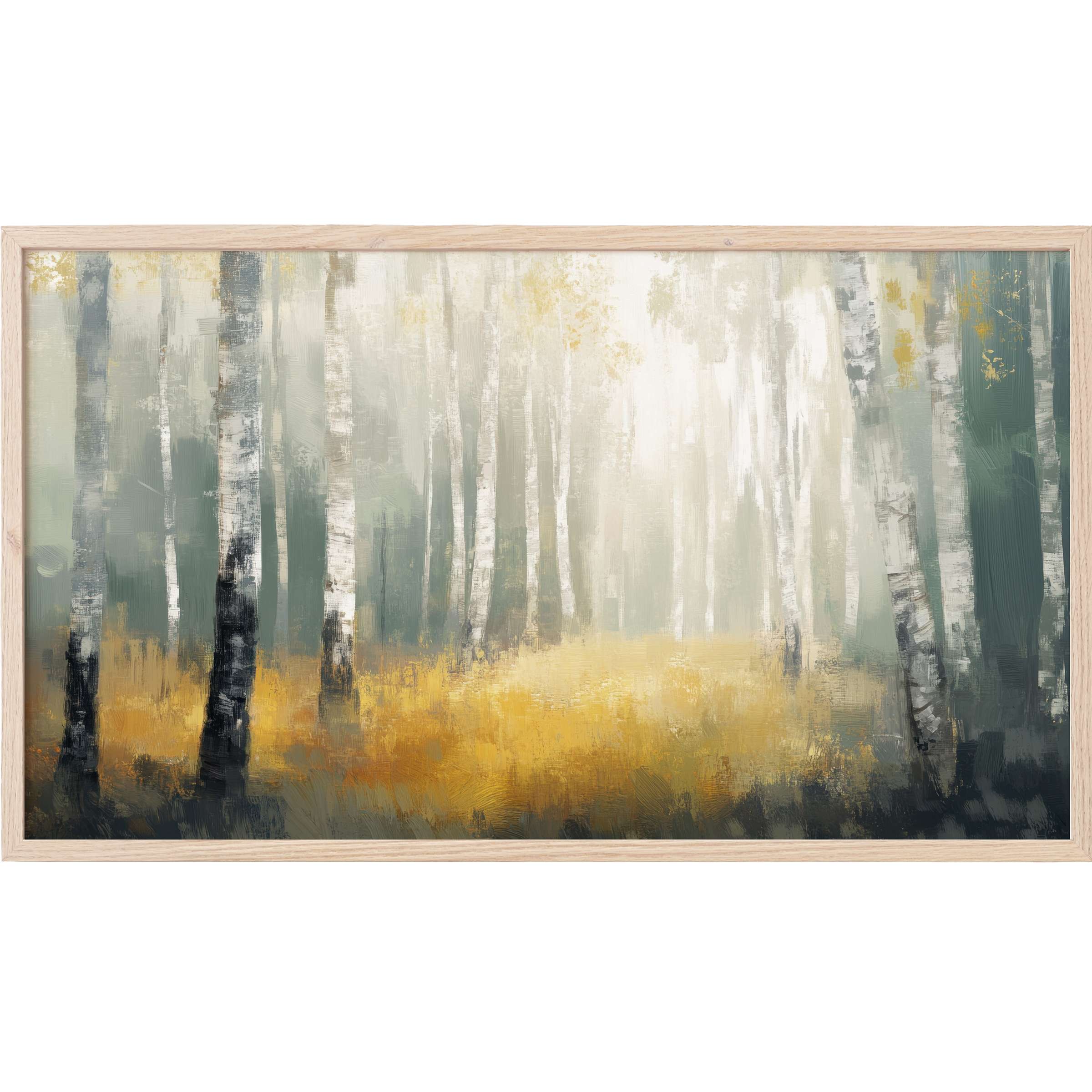 Softly textured birch forest in muted greens and golds, an elegant tree Frame TV Art for refined interiors
