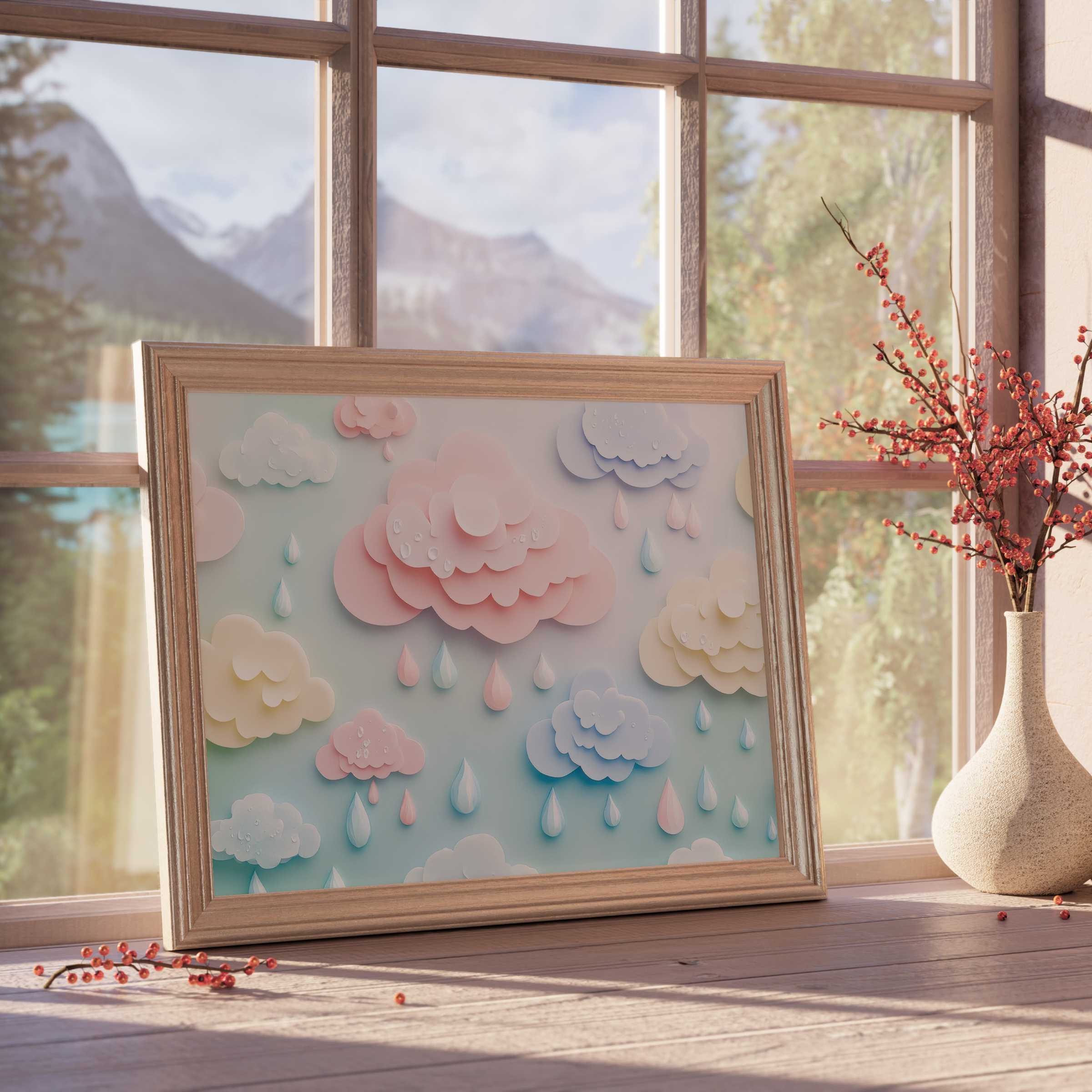 Serene nursery downloadable art featuring layered pastel clouds and raindrops, enhancing tranquil, curated children’s spaces with soft elegance