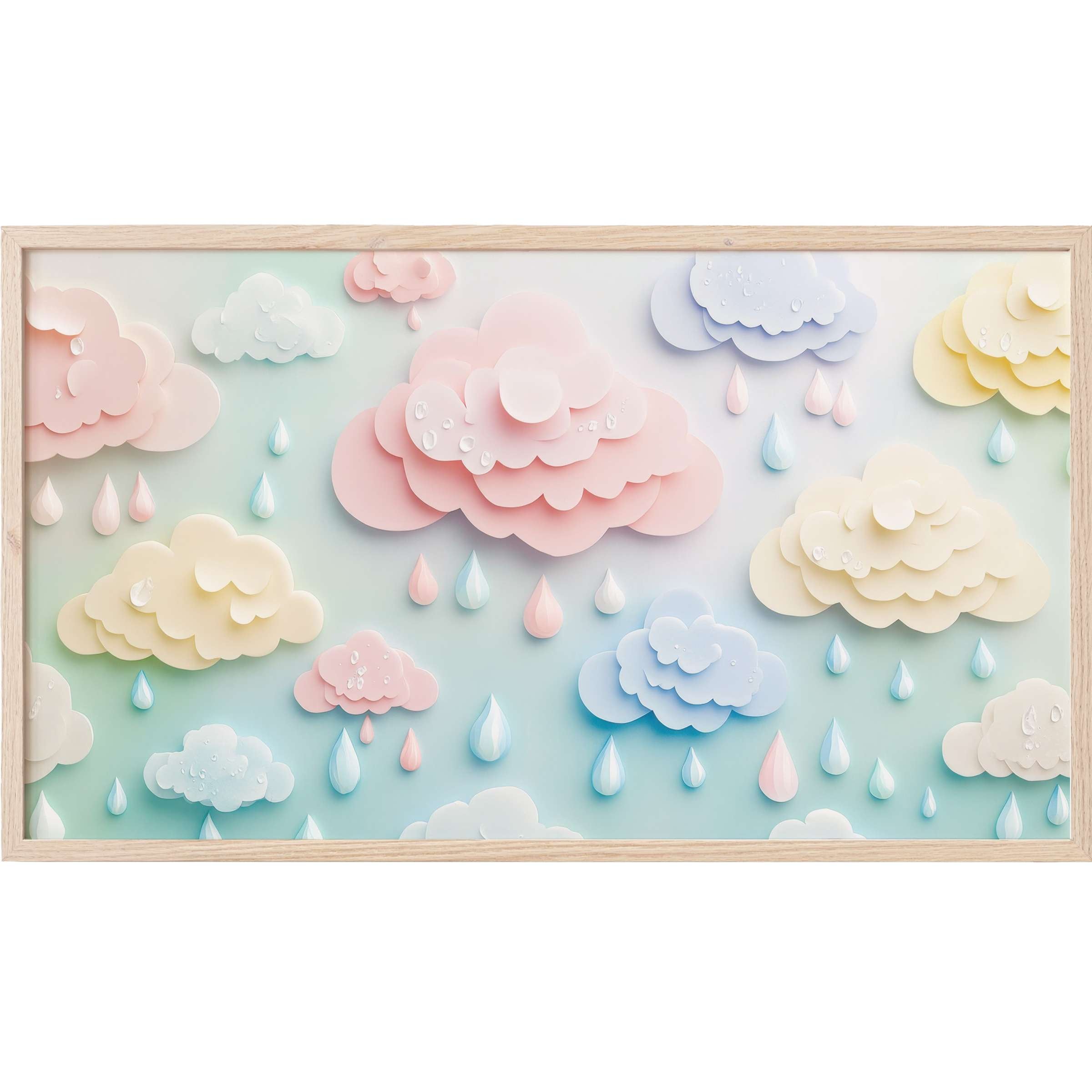 Whimsical pastel clouds and raindrops in soft layers create a serene nursery Frame TV Art with modern charm