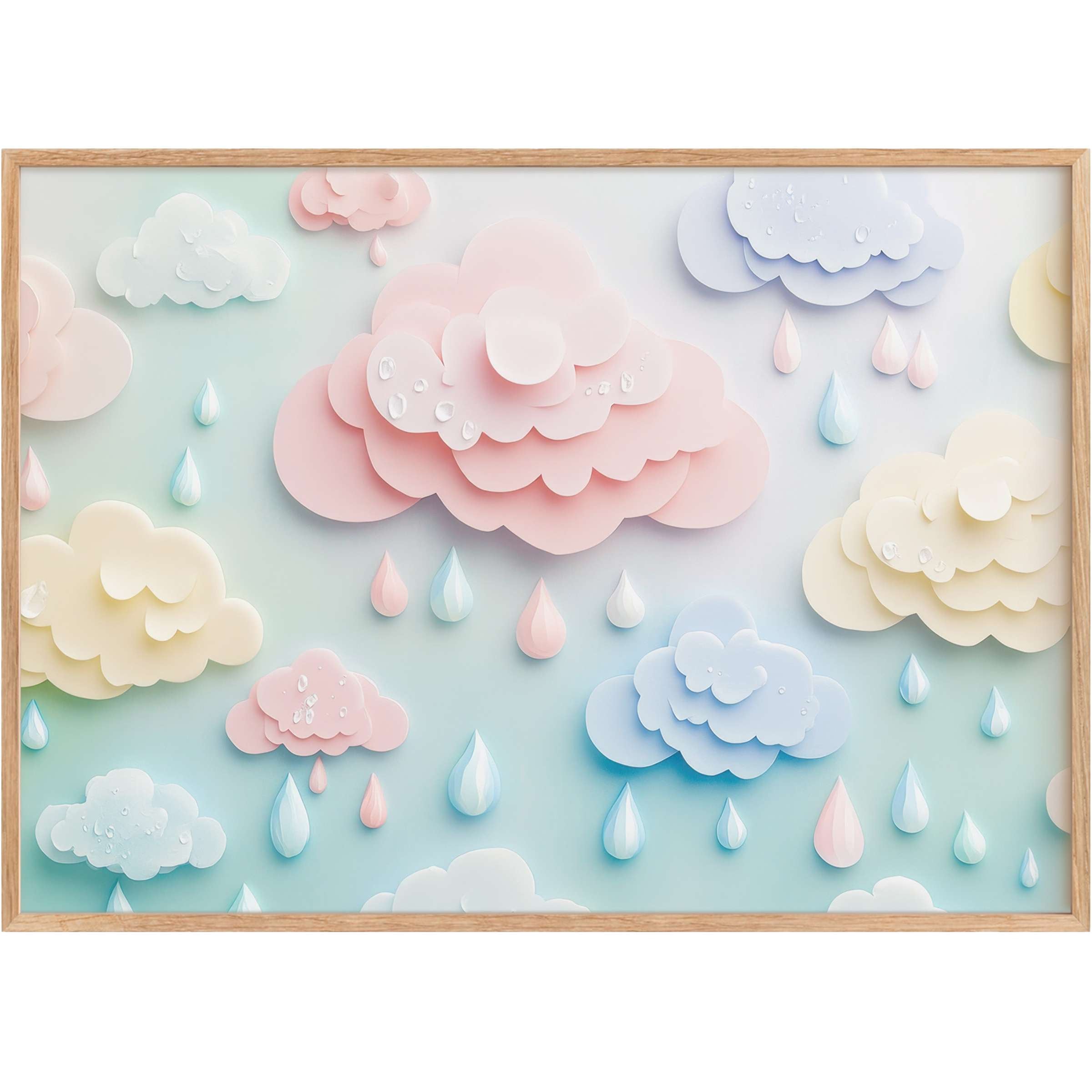 Whimsical nursery printable wall art with soft pastel clouds and raindrops, creating a serene and tender ambiance