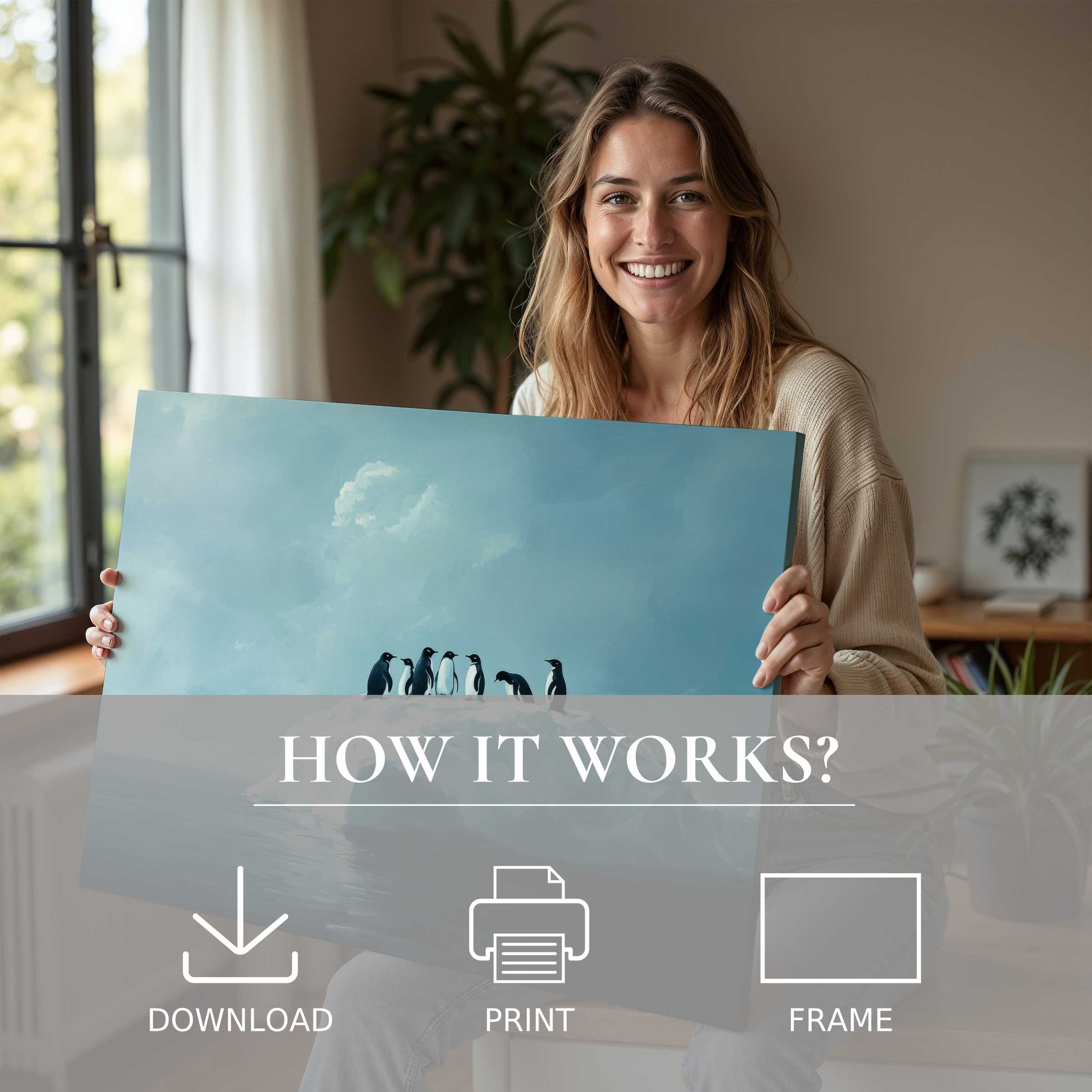 Joyful moment of connection with street art digital art print in serene blues, enhancing a modern home’s refined ambiance