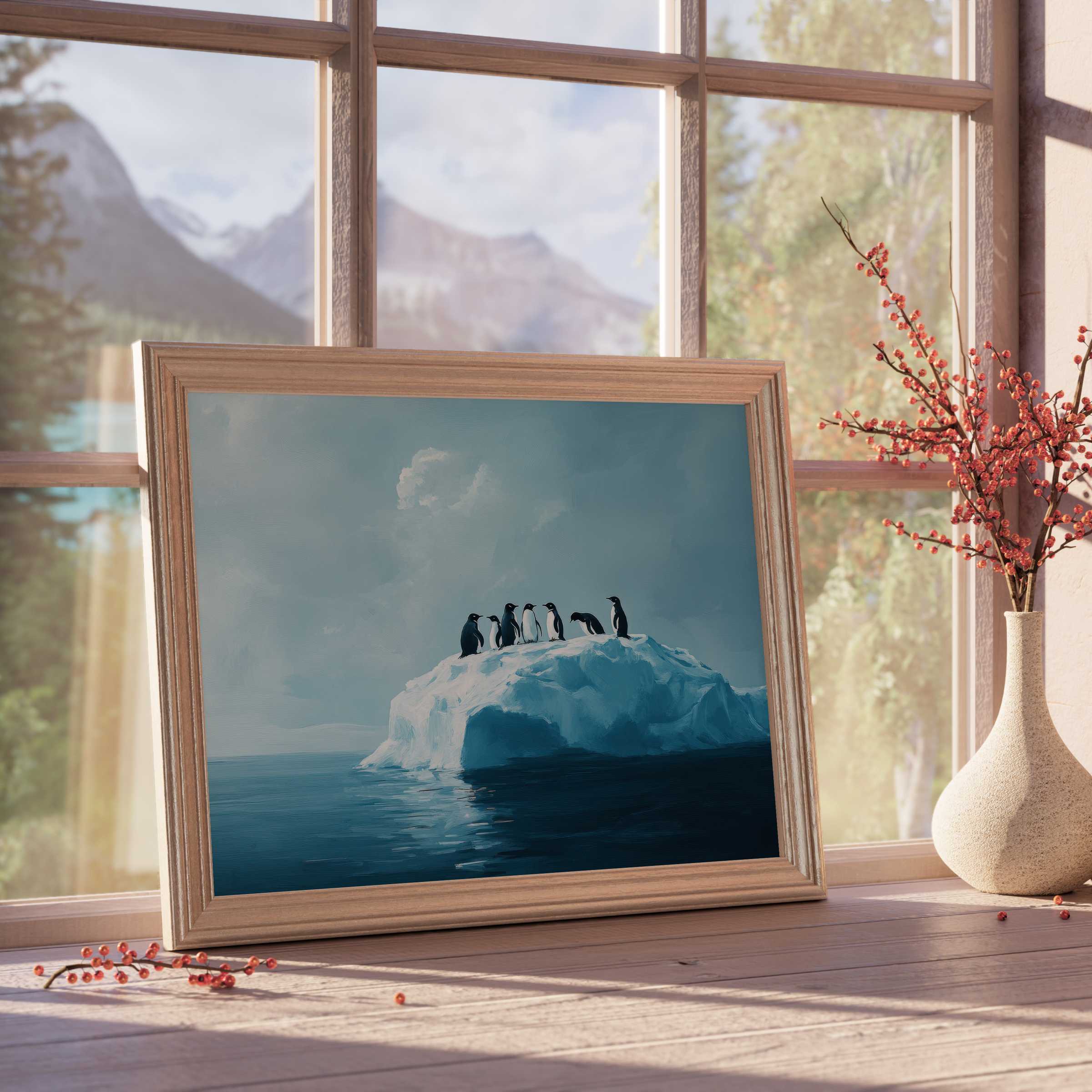 Serene street art downloadable art of penguins on an iceberg, evoking calm elegance for curated, tranquil interiors