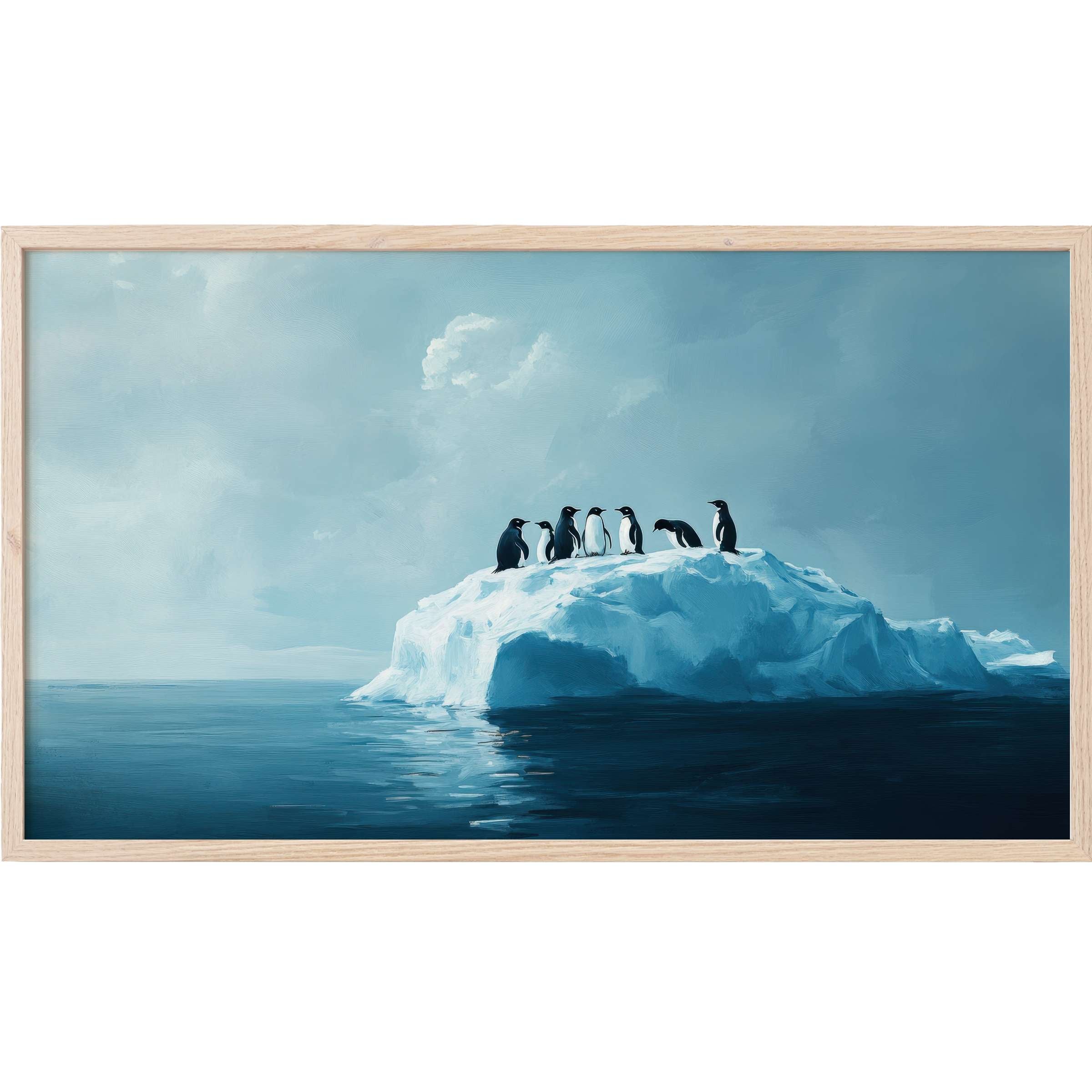 Elegant street art Frame TV Art depicting a serene icy landscape with penguins on a pastel blue iceberg