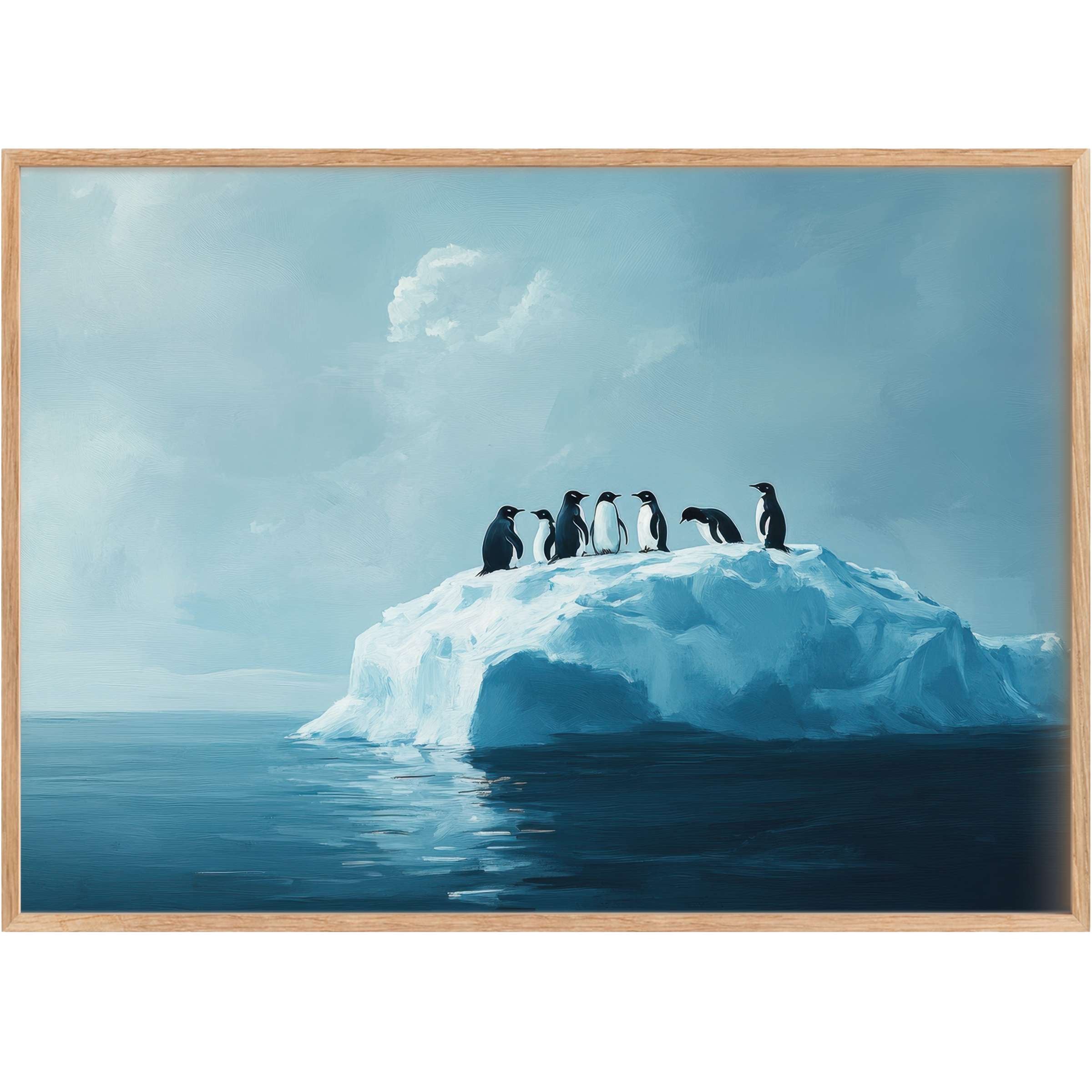Serene street art printable wall art with penguins on icy blue iceberg, evoking calm elegance and tranquil coastal charm