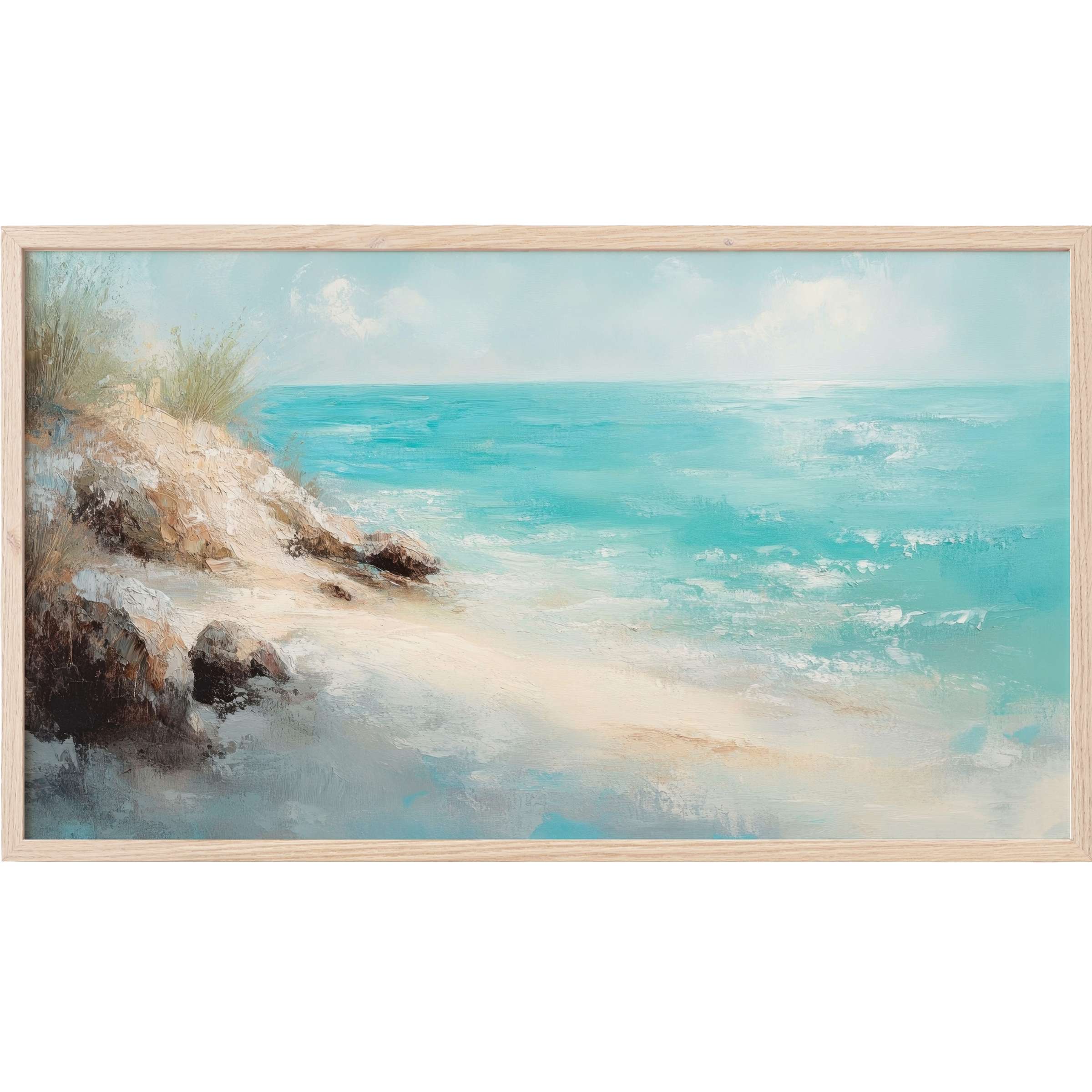 Serene coastal scene in soft blues and sandy hues, textured brushstrokes in vintage Frame TV Art style