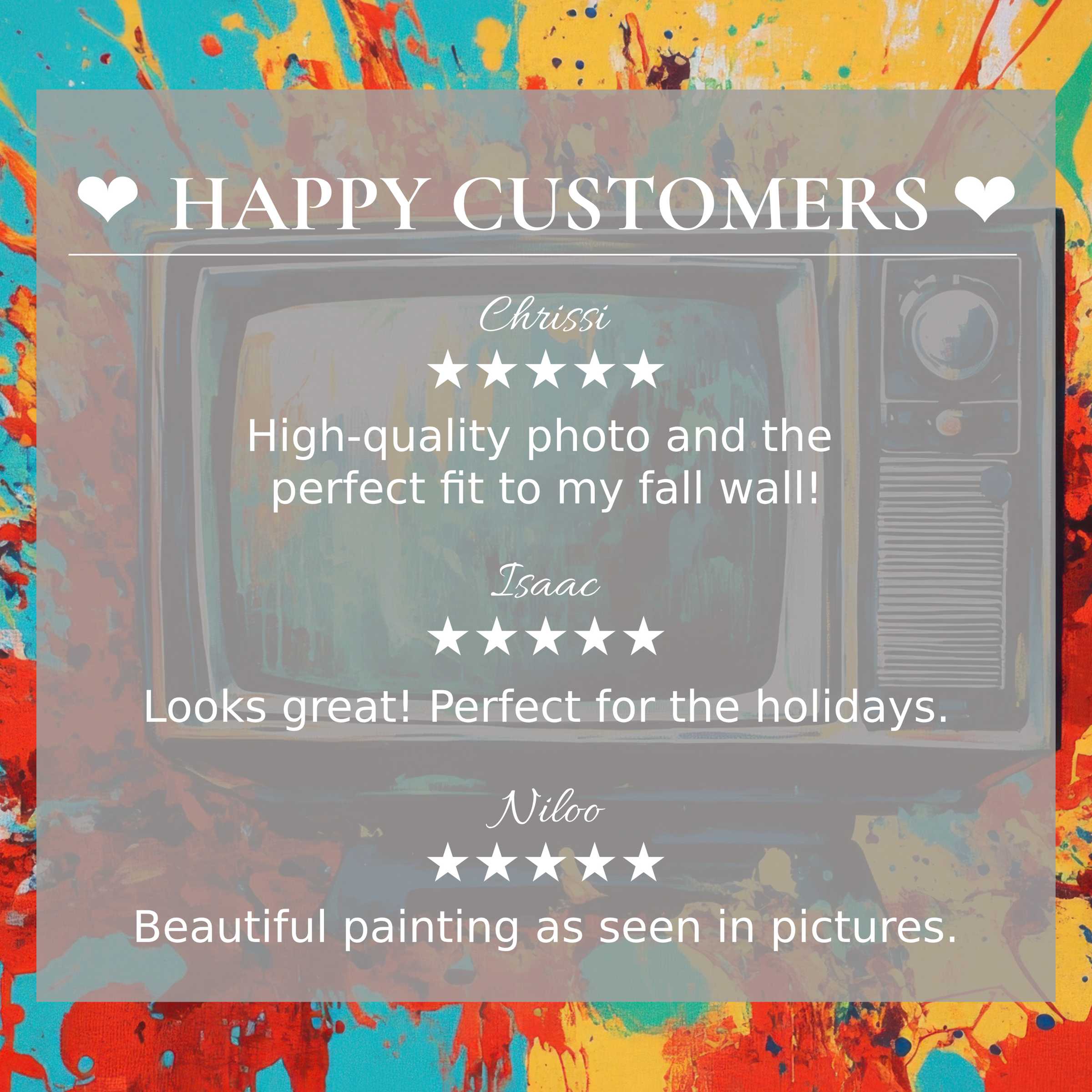 Pop art for Frame TV with vibrant abstract sunset colors, showcasing happy customer reviews and elegant trust-building design