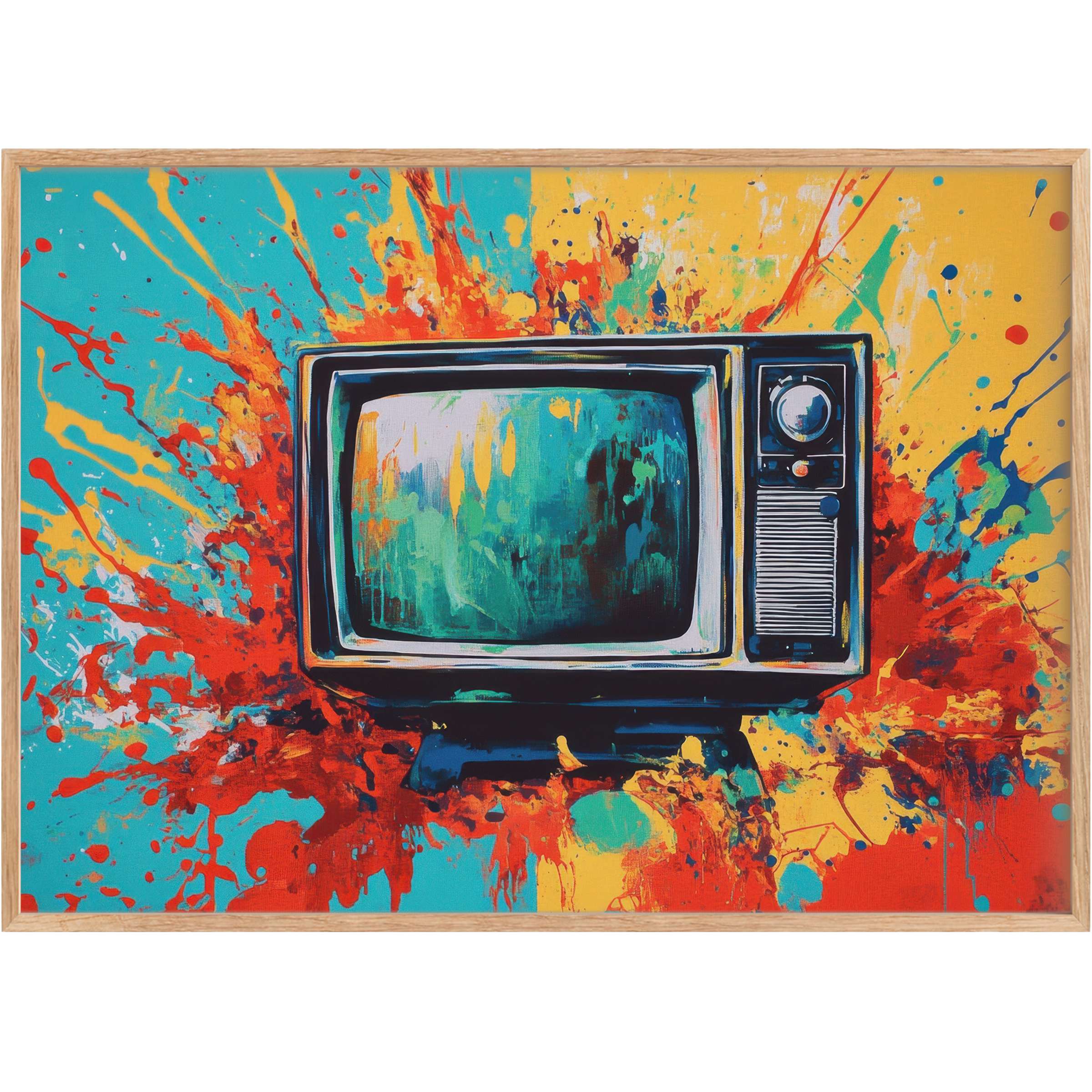 Vibrant pop art printable wall art featuring a retro TV with bold red, turquoise, and yellow splashes, energizing any modern space